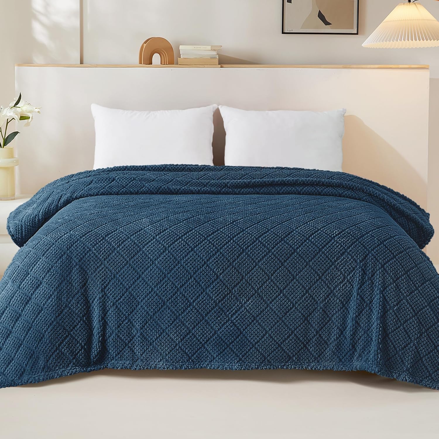 Whale Flotilla Fuzzy Fleece Queen Size Blanket for Bed, Soft Fluffy Jacquard Waffle Blankets for All Season, Lightweight and Warm, 90x90 Inch, Navy Blue - Image 2