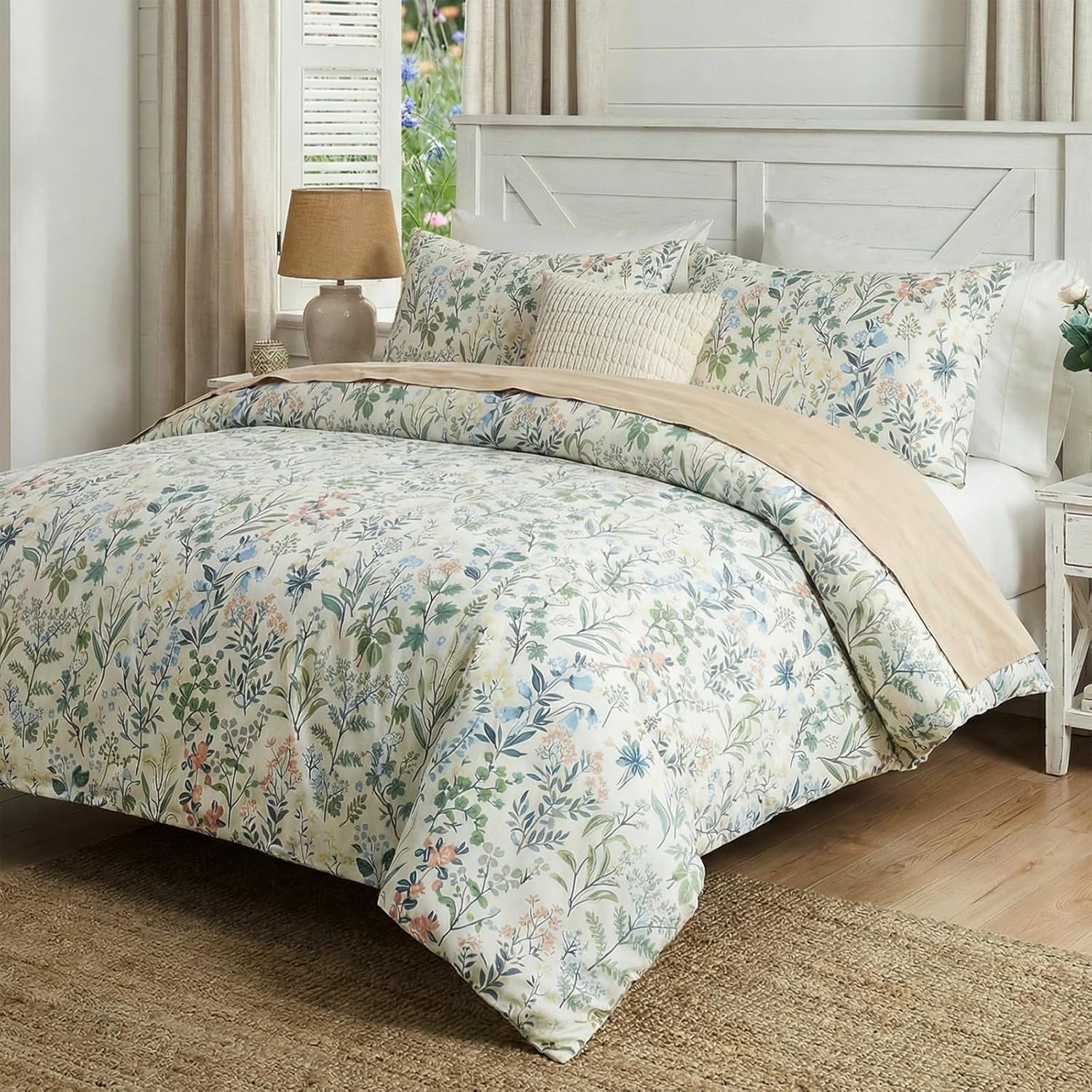 Green Floral Comforter Set Queen Size 100% Cotton Comforter 3 Pieces Soft Lightweight Reversible Retro Floral Bedding Sets for All Season