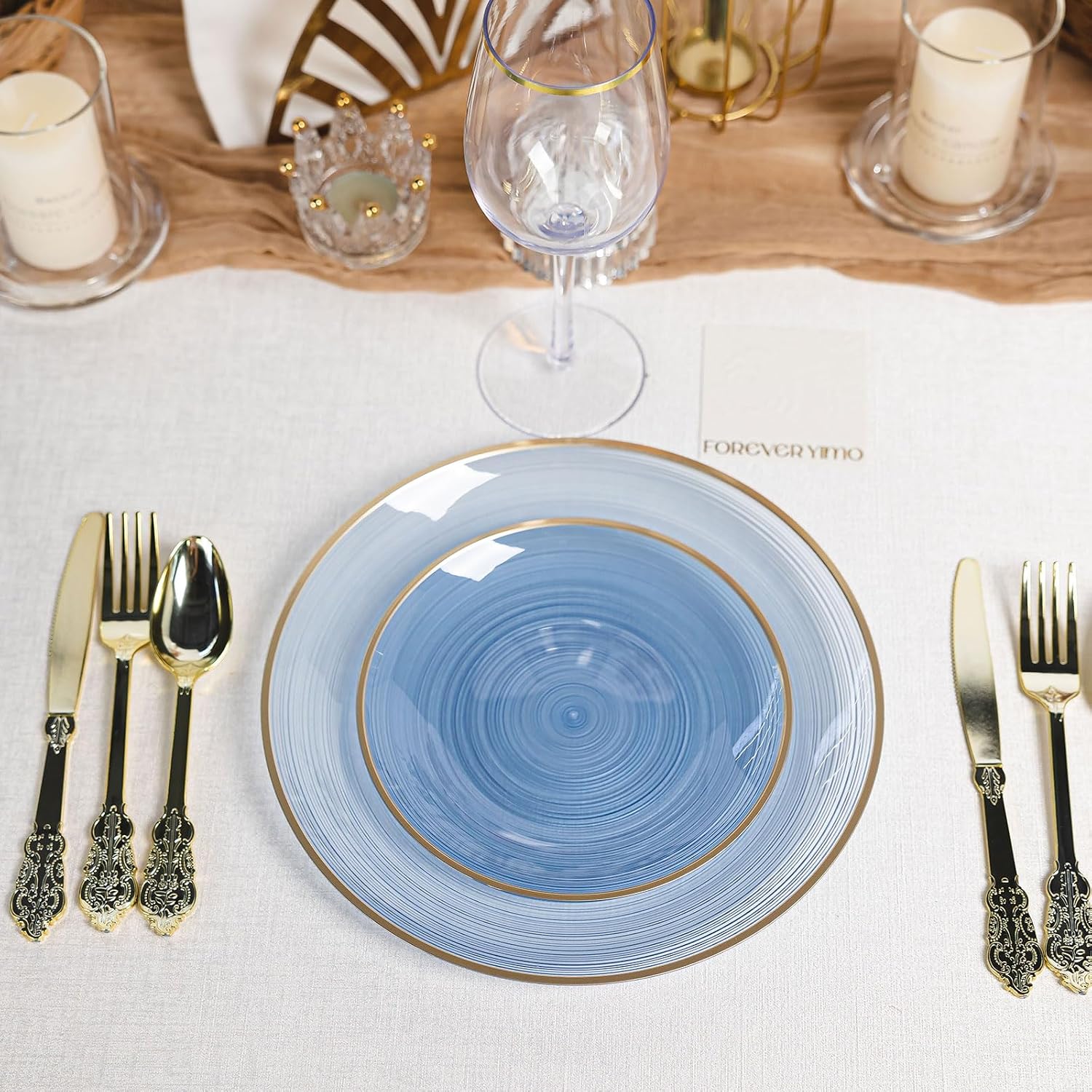 80pcs Disposable Clear Blue Plastic Plates With Gold Rim, Include 40-7 inch Dessert Plate and 40-10 inch Dinner-Plates for Party, Wedding and Birthday