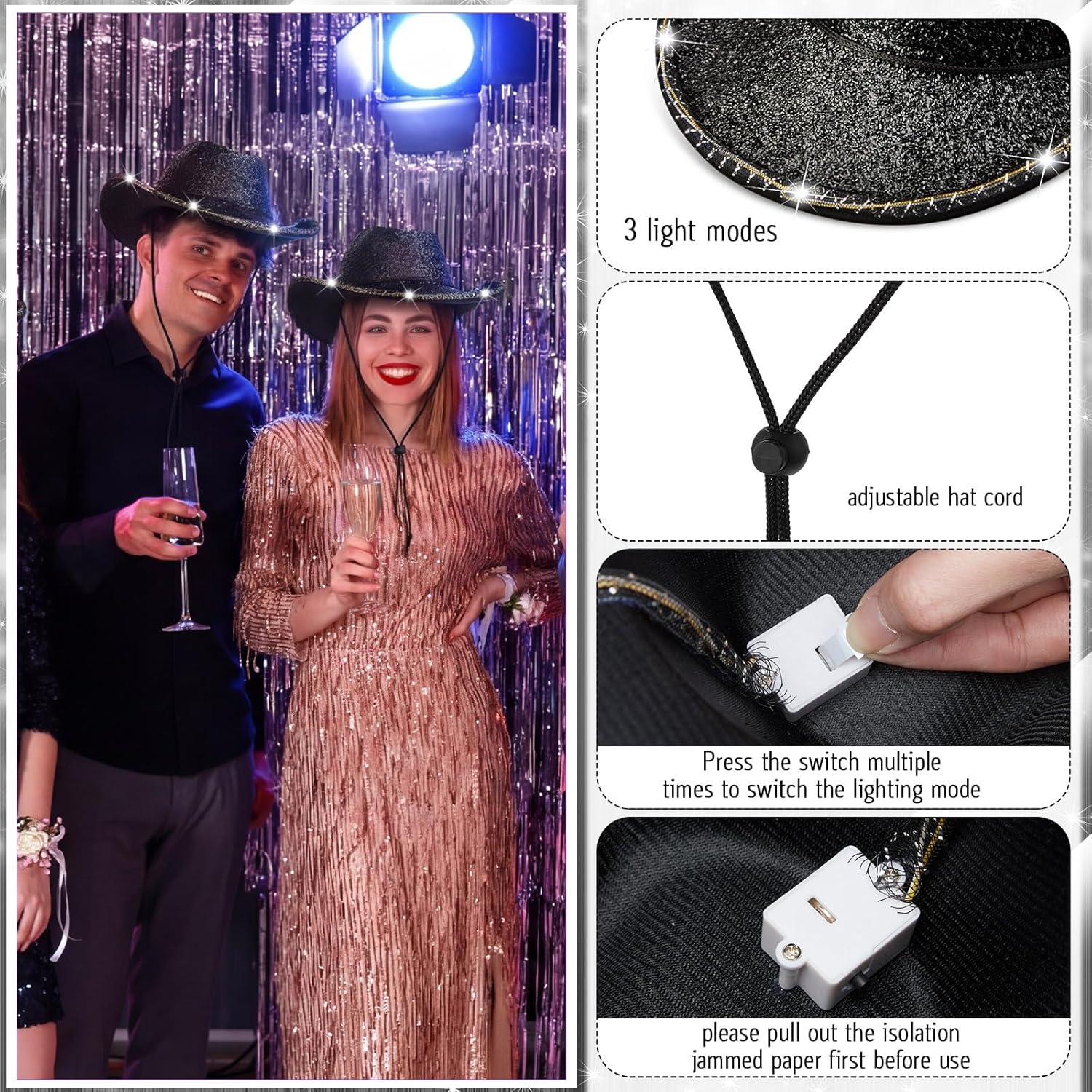 20 Pack Lights Cowboy Cowgirl Hat LED Flashing Light Up Hat for Western Bachelorette Party Wedding Bridal - Image 5