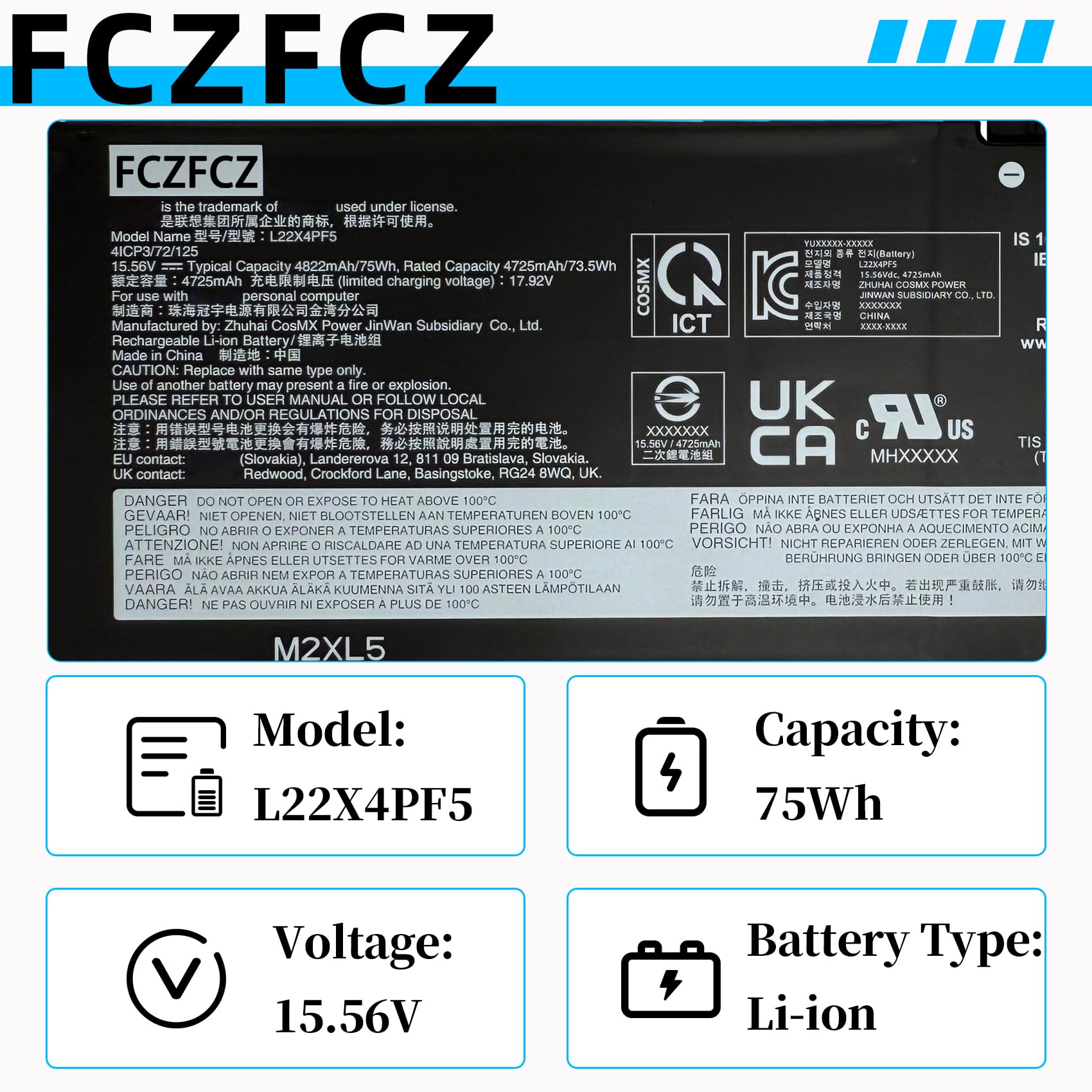 Amazon.com: FCZFCZ L22X4PF5 Battery 75Wh Replacement for Lenovo