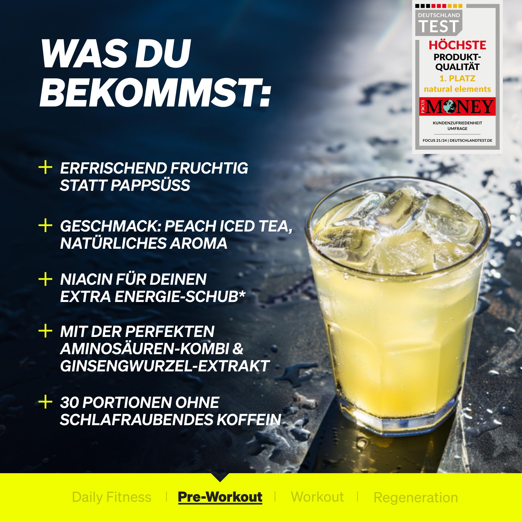 natural elements Pre-Workout Booster 420g – Zero Koffein – Peach Iced Tea Geschmack – mit Niacin, Ginseng & BCAA – vegan, koffeinfrei – in Deutschland produziert & laborgeprüft