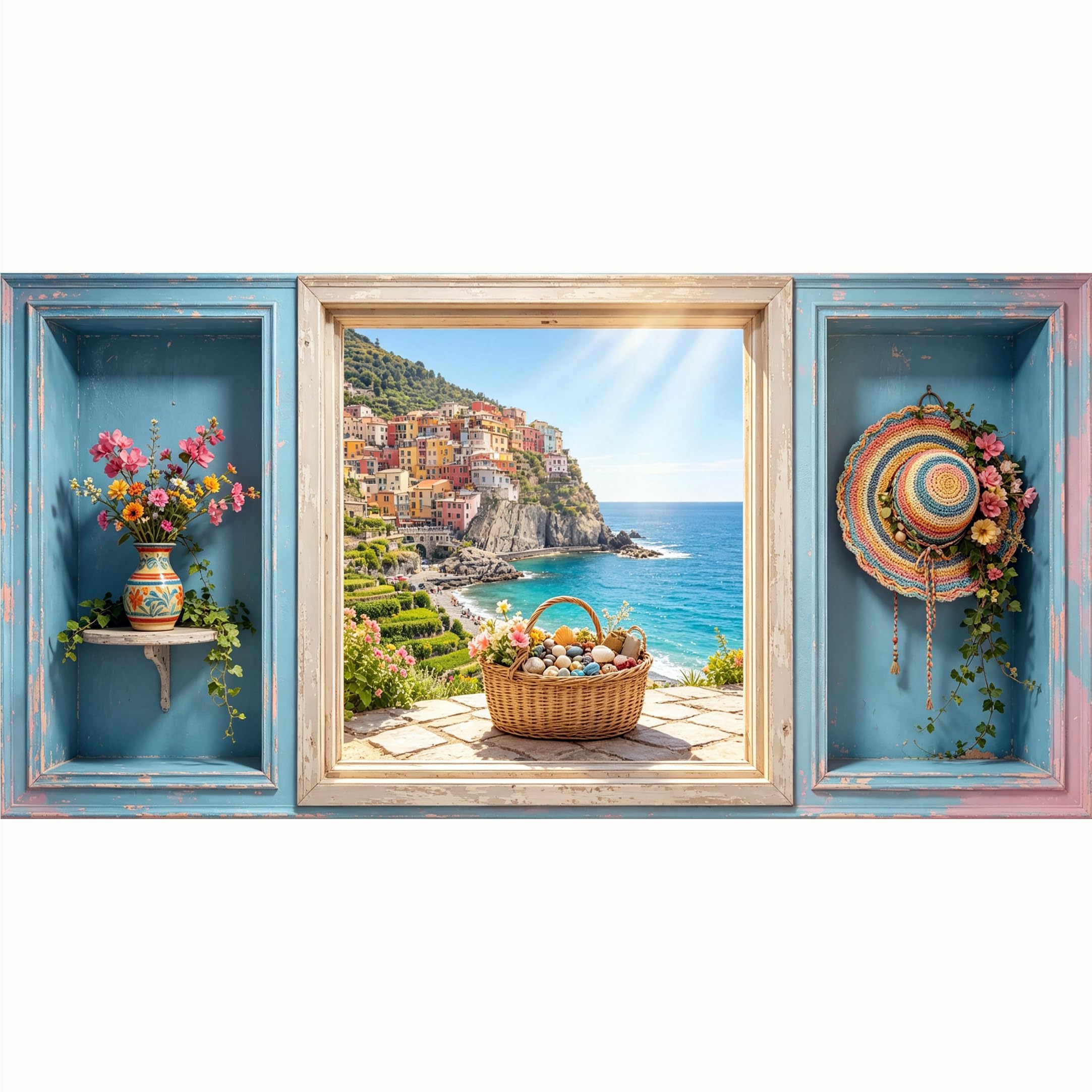 QZLITHOTIC 50x100cm 3D Framed Wall Art， Mediterranean Seaside Coastal Village Scenery Self‑Adhesive Mural， Water‑Activated Peel & Stick Fabric Decor Wall Decal for Bedroom Living Room