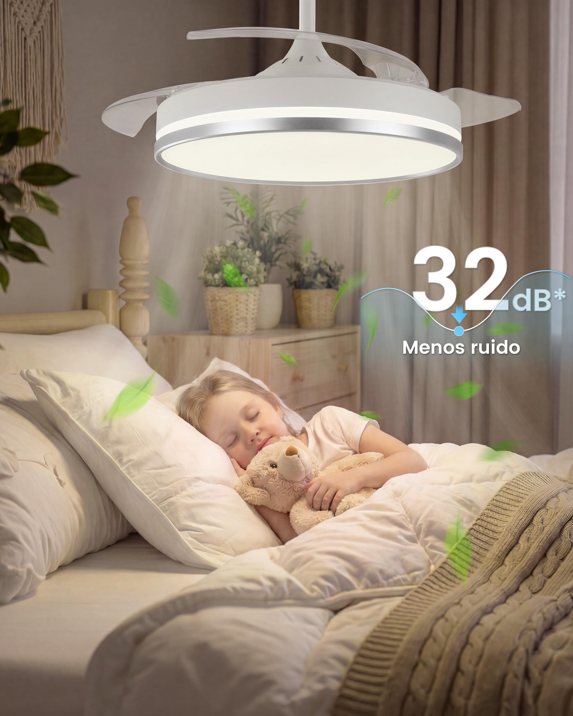 VOLISUN Ventilador de Techo con Luz aspas Retráctiles, Ultra-Silencioso Motor DC, CCT 3000-4000-6000K, Mando a Distancia - 50W Lámpara de Techo con Ventilador Moderno（(Plata, 106cm)