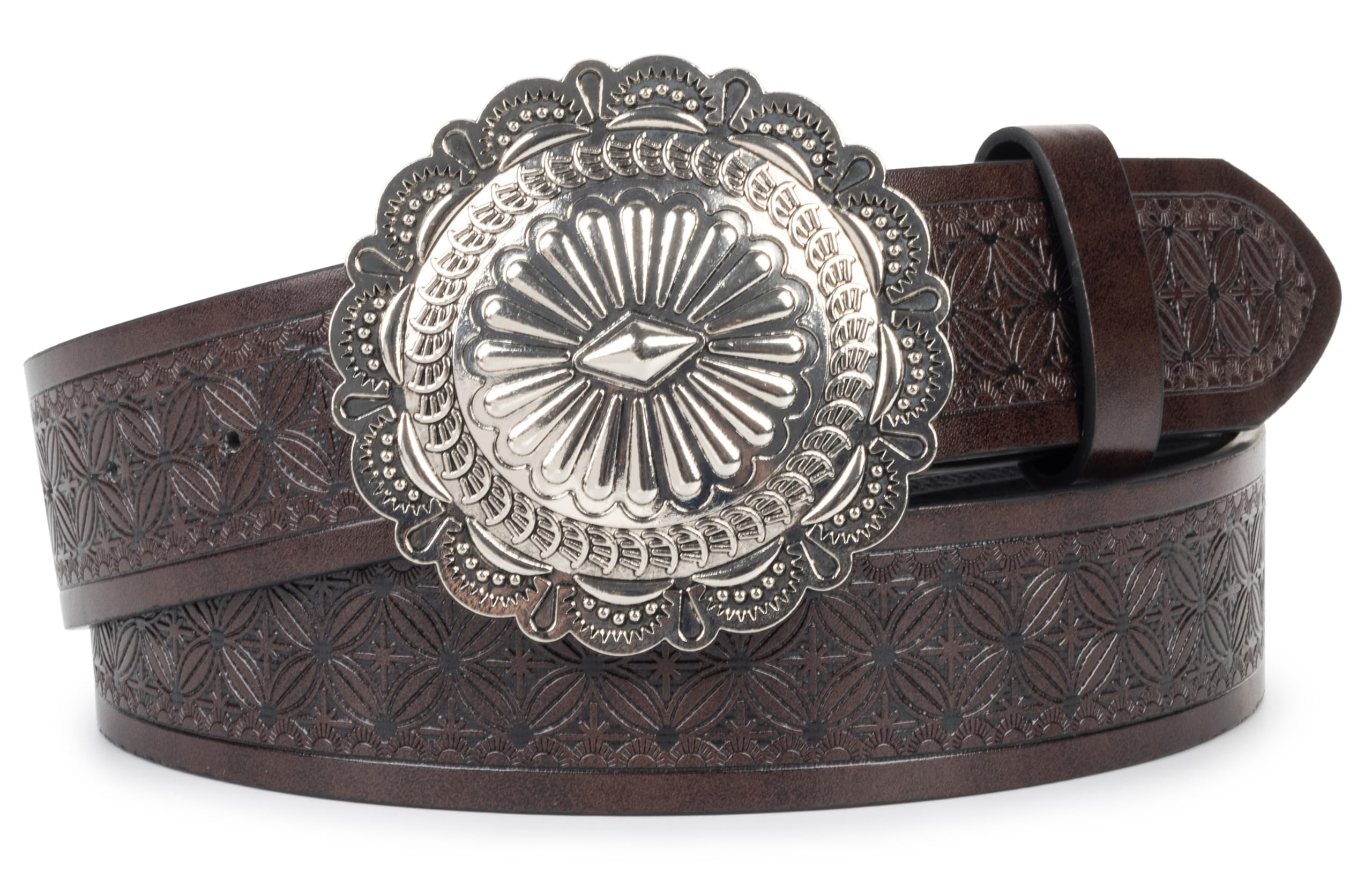 KorhLeoh Western-Belt Vintage Floral-Embossed-Leather-Belt Silver-Round Buckle Engraved Cowboy-Cowgirl Belt for Men Women