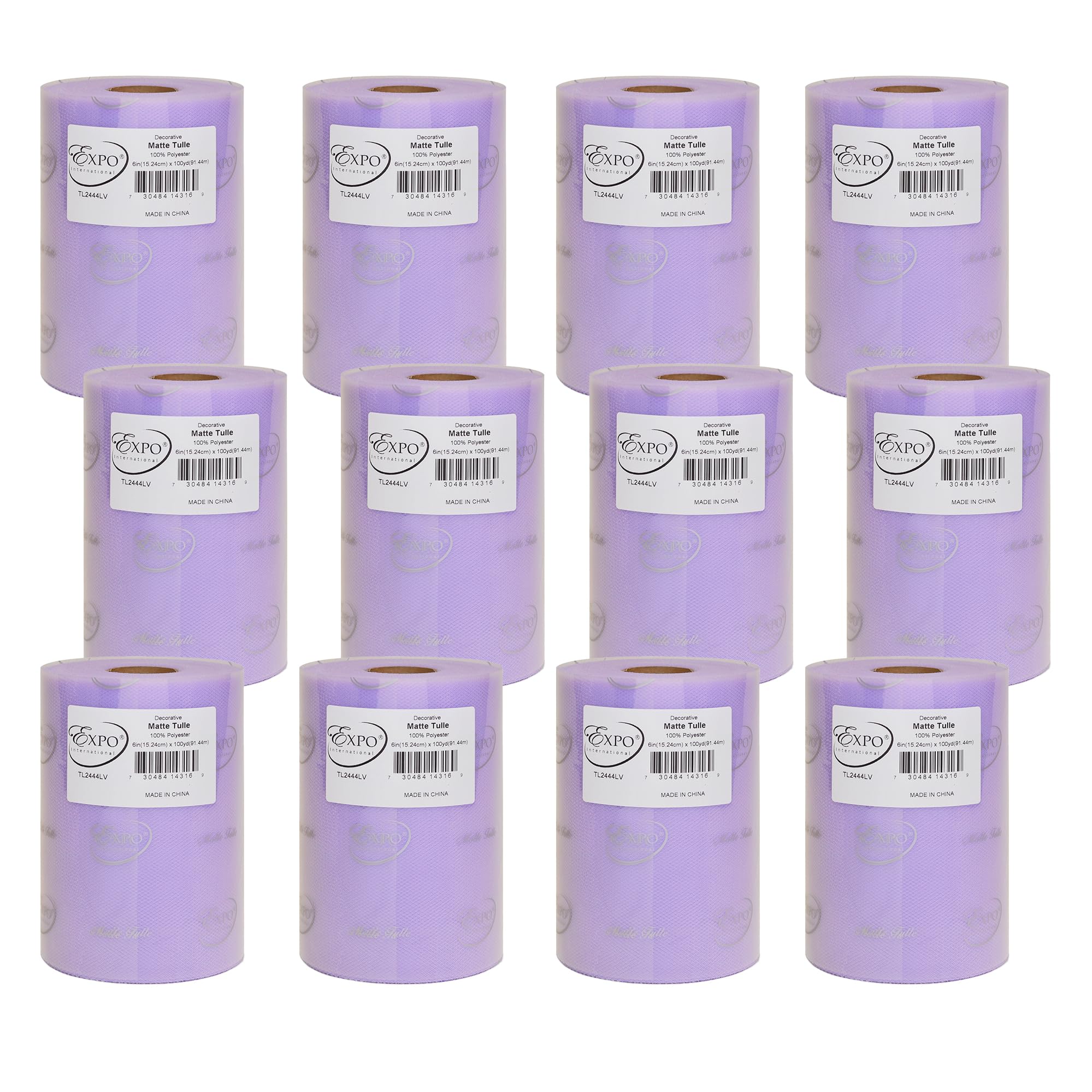 Expo International Decorative Matte Tulle, Roll/Spool of 6” X 100 Yards, Lightweight Polyester Tulle Fabric for Tutus, Costumes, and Party Decorations, Washable, Easy-to-Use, Pack of 12, Lavender