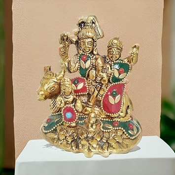 Shiv Parivar colored Brass Idol with Meenakari Stonework , Hindu Deity Family Statue with Lord Shiva Parvati Ganesh Kartikeya, L-9 cm, W-8 cm, H-10 cm wt-200 gm, Handcrafted Traditional Design