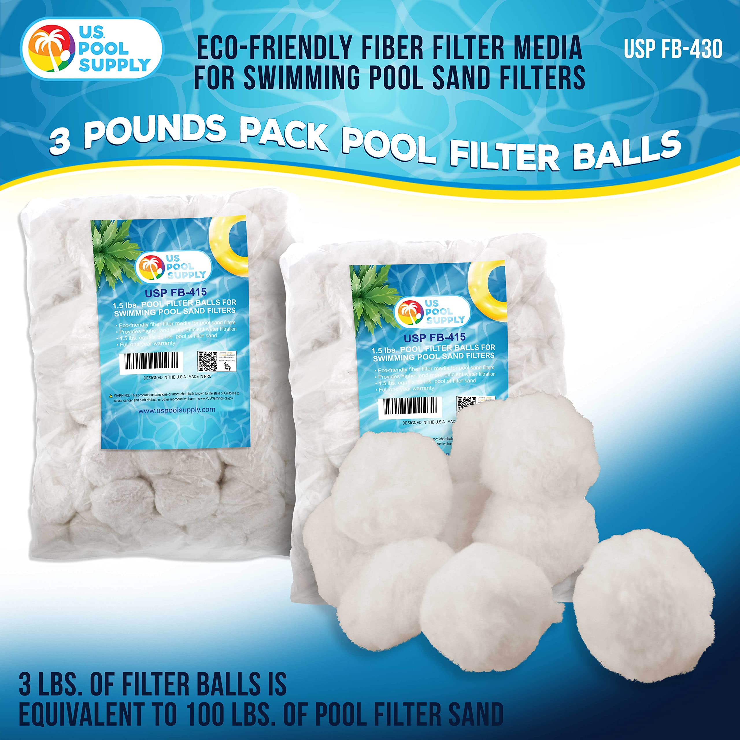 U.S. Pool Supply Sfere filtranti per piscina da 1,4 kg, materiale filtrante in fibra ecologica per filtri a sabbia per piscine (pari a 45,4 kg di sabbia filtrante per piscina), ricambio della sabbia