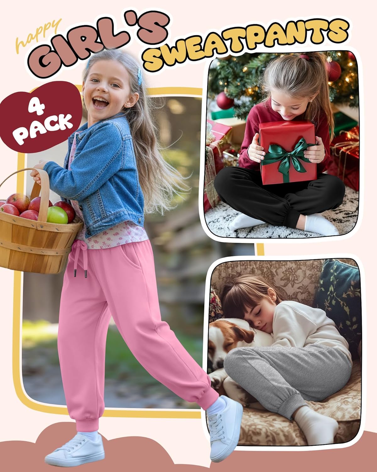 4 Pack Girl's Sweatpants Casual Athletic Drawstring Joggers with Pocket Baggy Lounge Active Running Pants - Image 3
