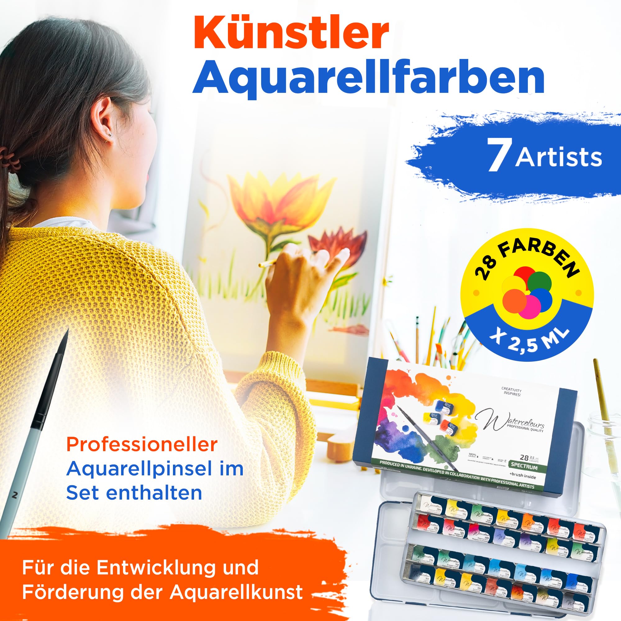Farby Akwarelowe 7 Artists Zestaw Farb Akwarelowych Spectrum 28 Kolorów | Paleta Akwareli | Malarstwo Akwarelowe Dla Dorosłych | Pudełko z Akwarelą | Pole Akwarela | Paleta Farb Akwarelowych
