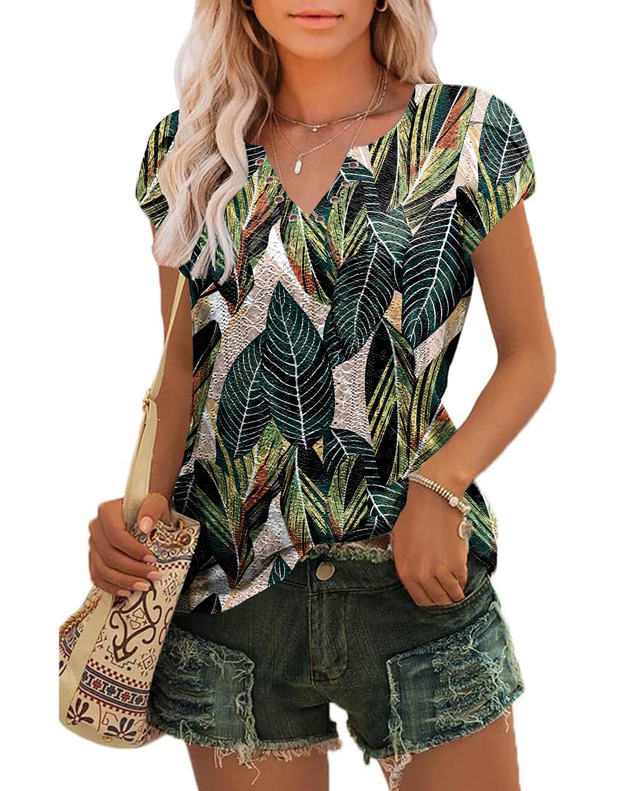 Tanmolo Damen Sommer T-Shirt mit Lochstickerei V-Ausschnitt & Tulpenärmeln | Atmungsaktive Lochstickerei, Elegante, Bequemes Oberteil, Regular Fit, Formstabil, Vielseitig Kombinierbar, Pflegeleicht