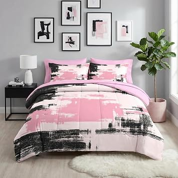 Nesker 7 Pcs Comforter Set Queen Size, Modern Abstract Graffiti Art Bedding Set for Kids and Adults, Children Pink Black Striped Sheets Bed Sheet Sets with Fitted Sheet 2 Pillowcases & 2 Shams