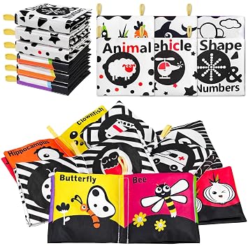 6 PCS High Contrast Black and White Crinkle Cloth Books for Infants 0-3 3-6 Months, Tummy Time Soft Book ,Montessori Sensory Toys for Brain Development, Baby Educational Toys Gift for Boys Girls