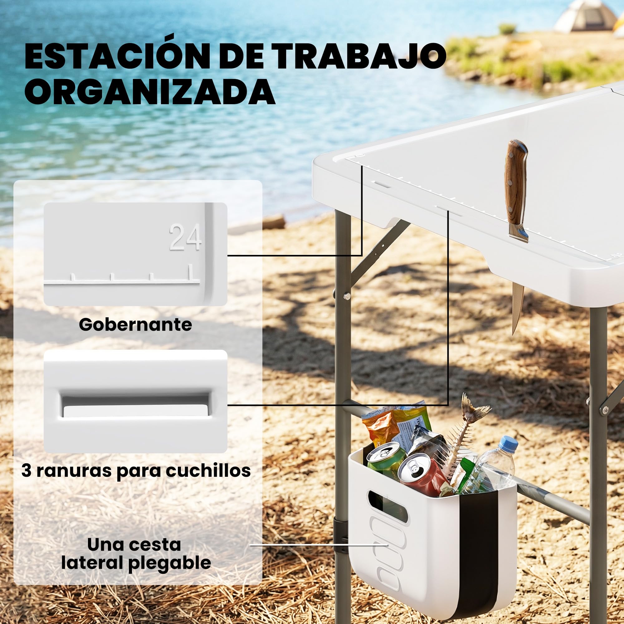 Outsunny Table de Nettoyage Portable pour Poissons, Table Pliante de Camping à Hauteur réglable, Robinet, évier et Panier Pliables, Tuyau, Sac de Transport, règle, rainures, Station de Nettoyage pour