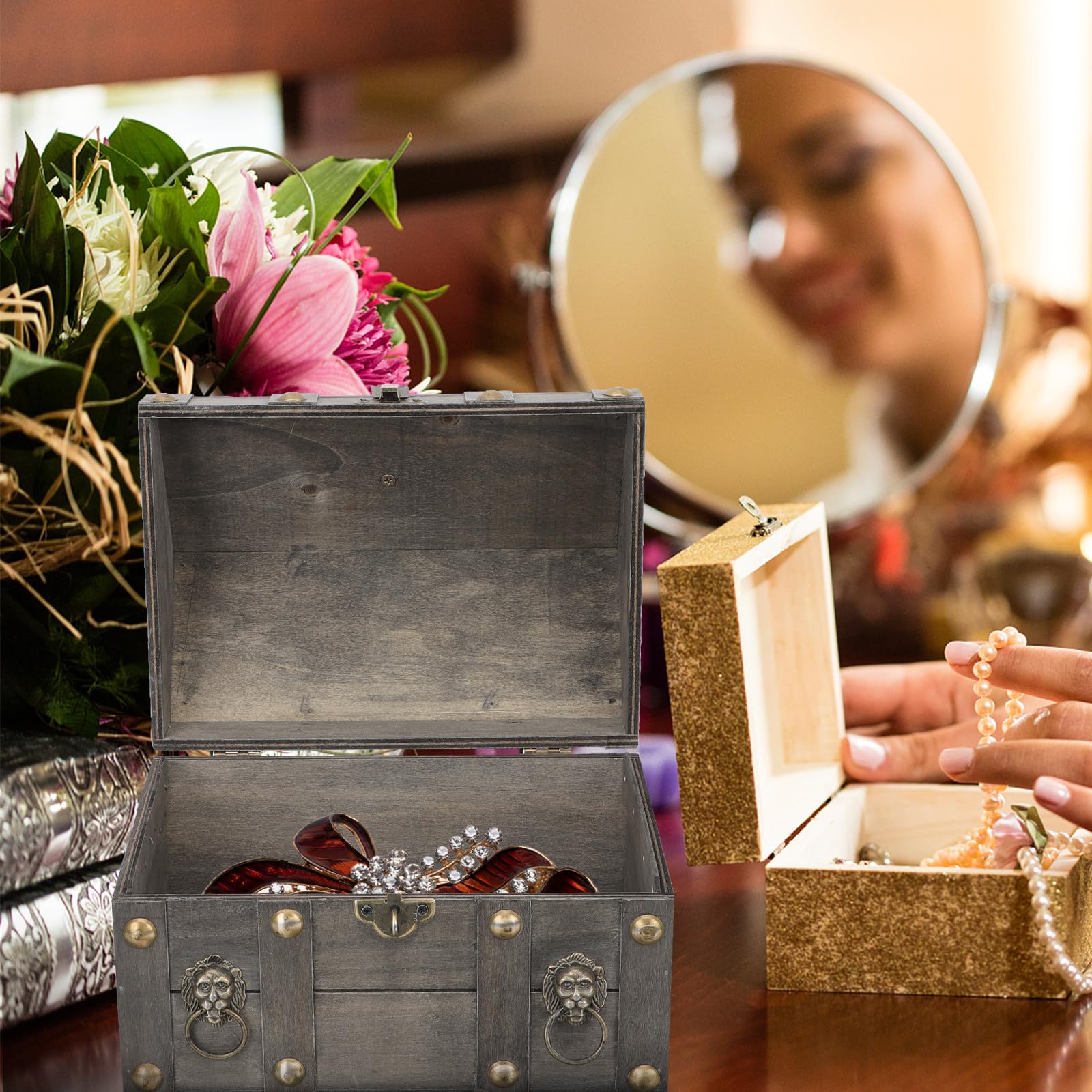 Holz Vintage Aufbewahrungsbox mit Schloss für Schmuck und Bernstein