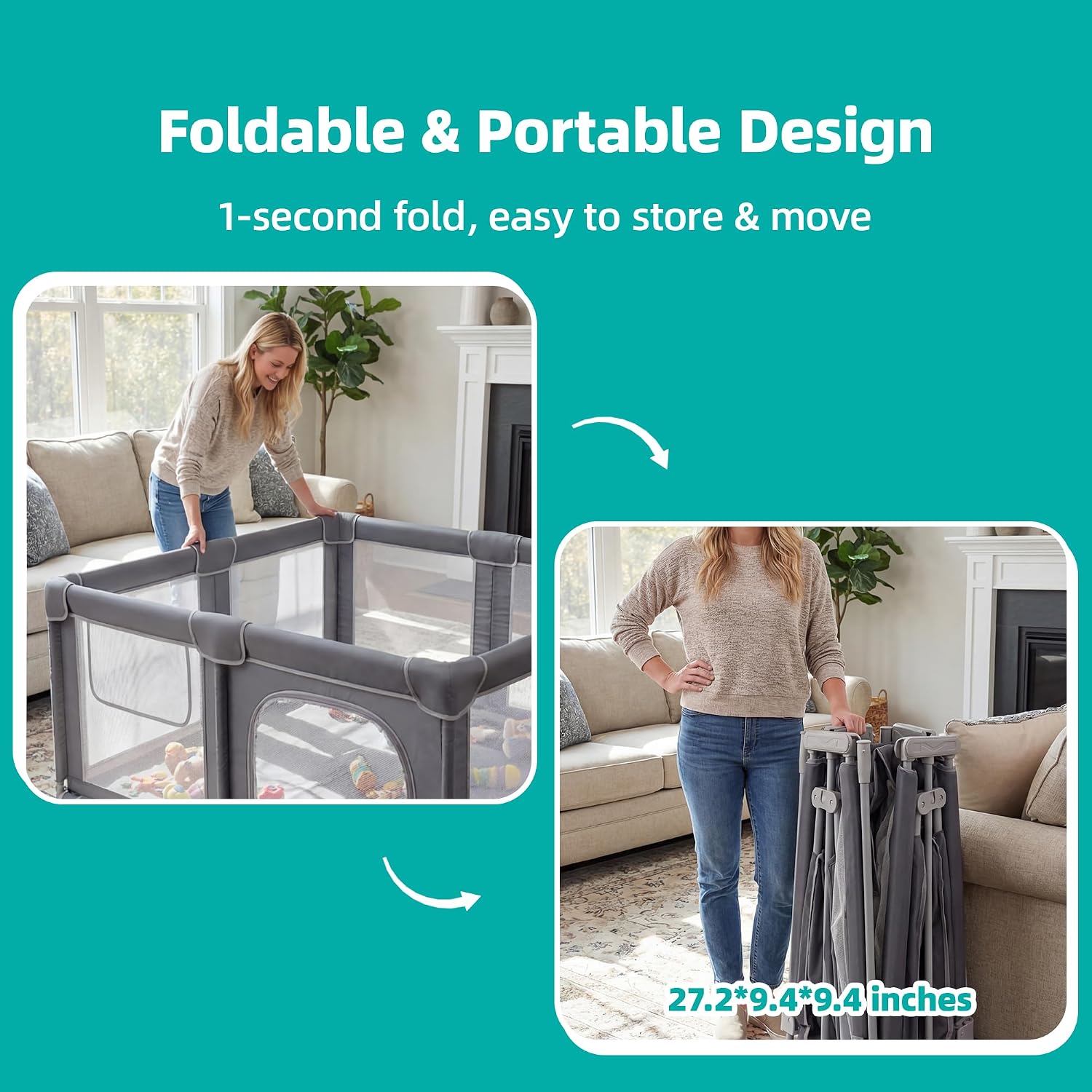 Foldable Baby Playpen with Mat, 50x50 Portable Collapsible Playpen for Babies and Toddlers, Indoor Outdoor Play Yard Fence with Visible Mesh