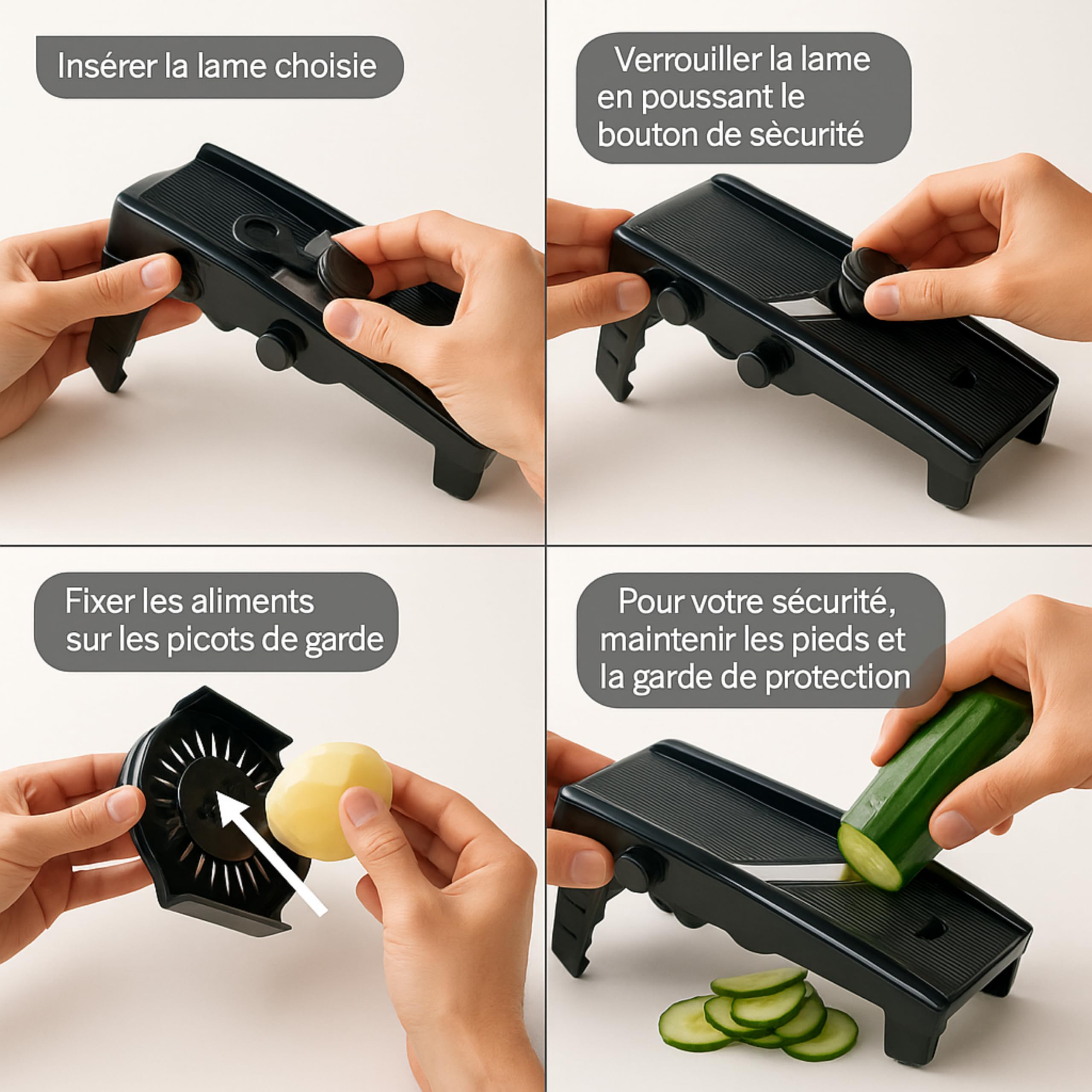Mastrad - Mandoline Multi-Lames en V – Coupe-Légumes 6 Lames Inox – Épaisseur Réglable 1 à 9 mm – Trancheur, Râpe, Coupe Frites – Garde de Sécurité