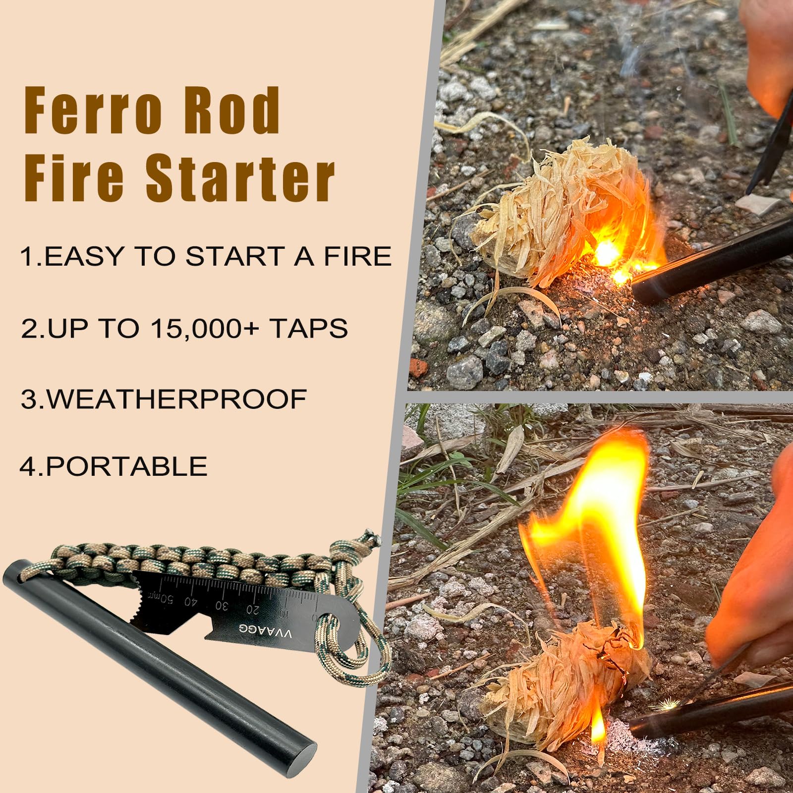 VVAAGG 10 cm duże pręty Ferro, Survival Flint Fire Starter Kit z pomarańczową rączką paracordu i zaczepem