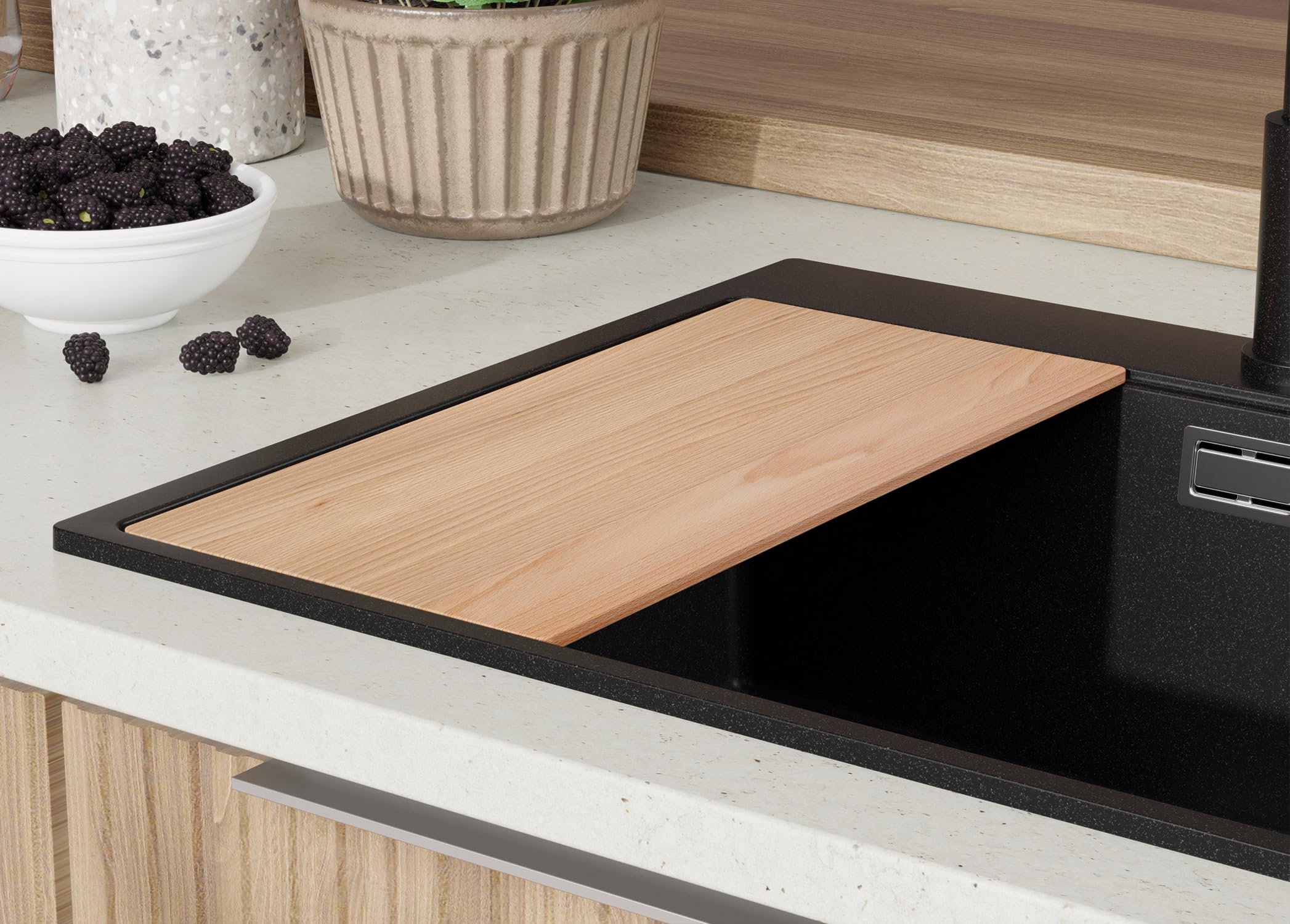 PRIMAGRAN Fregadero Granito Todo Negro 78x50cm, Cocina 2 Senos + Grifo 40x38cm + Sifón + Tabla de Cortar, Sobre Encimera al Mueble 80cm - Oslo Duo Top S100