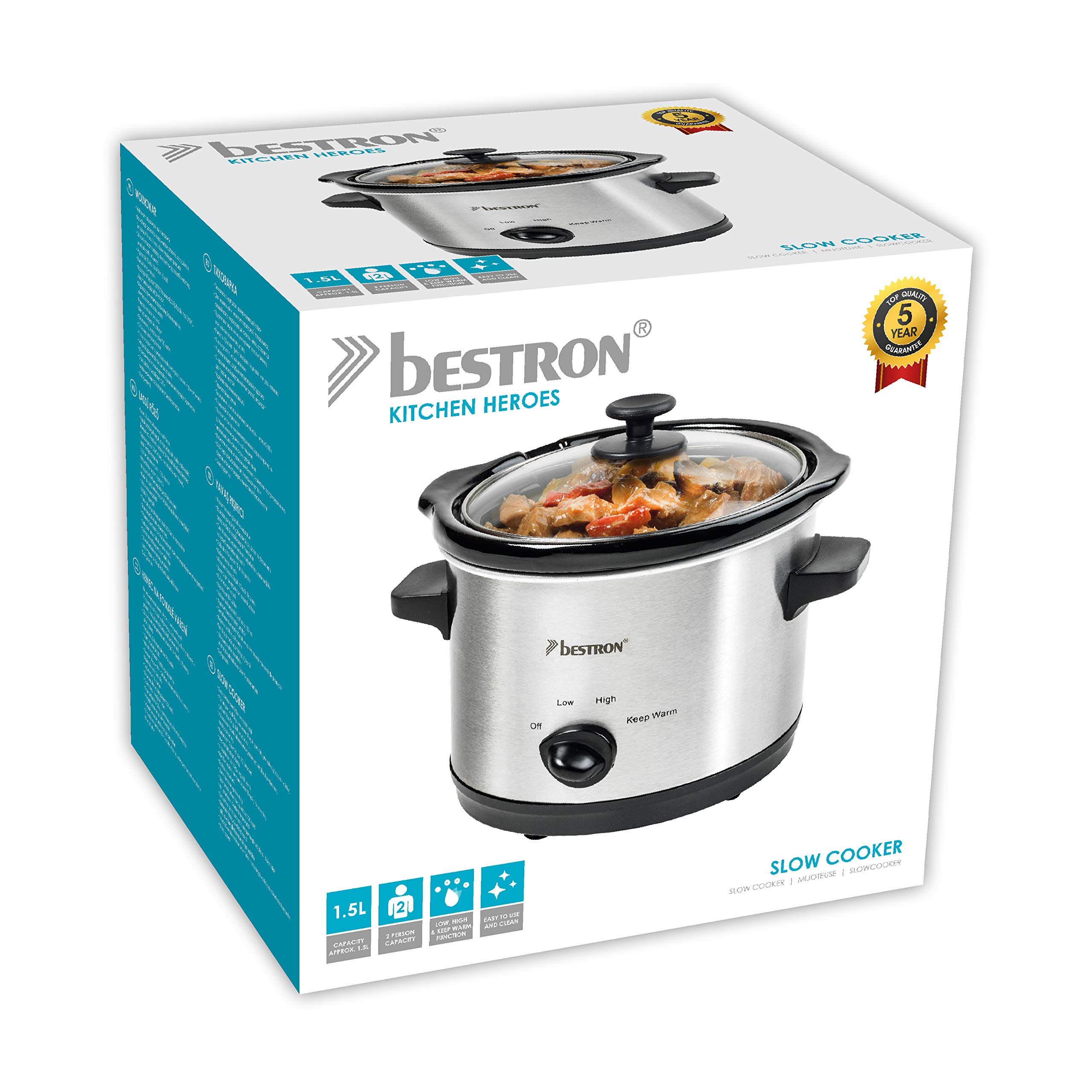 Bestron Slowcooker dla 2 osób, wolnowar z patelnią ceramiczną i szklaną pokrywką, 3-stopniowy termostat, idealny do wielu potraw, takich jak mięso, zupy i warzywa, 1,5 litra, kolor: srebrny