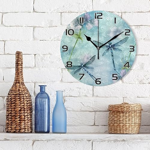 Miniatura 3 de Kigai Reloj de pared de libélulas de acuarela, silencioso sin tictac, funciona con pilas, reloj redondo para cocina, oficina, escuela, hogar