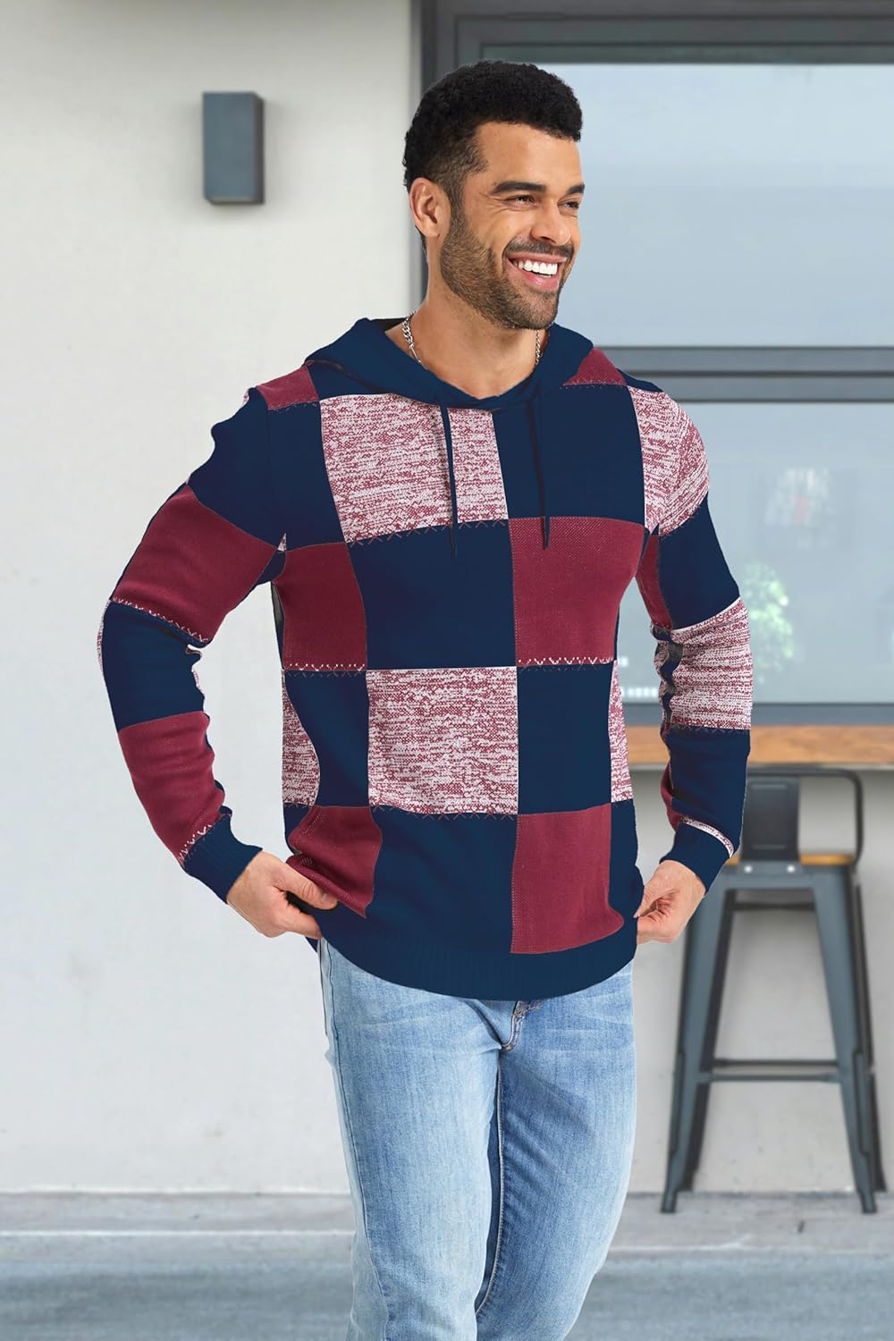 Mens Checkerboard Hooded Sweater Color-Block Waffle Grid Knit Hoodie Retro Urban Streetwear Patchwork Sweatshirt - Image 3