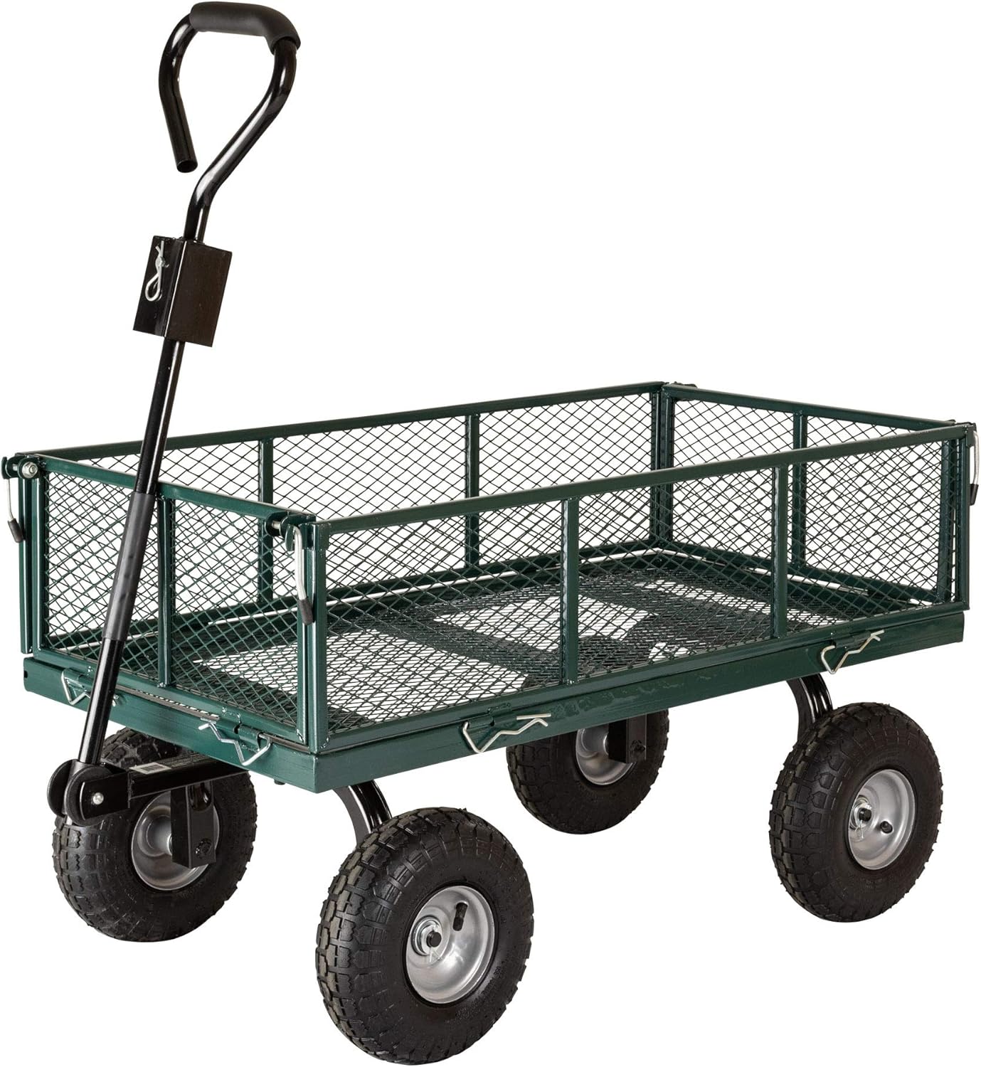 70107 Garden Cart/Utility Cart, Hinged/Removeable Sidewalls, Four 10-inch Wheels, Loop Handle with Convertible Hitch Attachment, Steel Powder-Coated Mesh Frame, 700-pound Capacity, Green