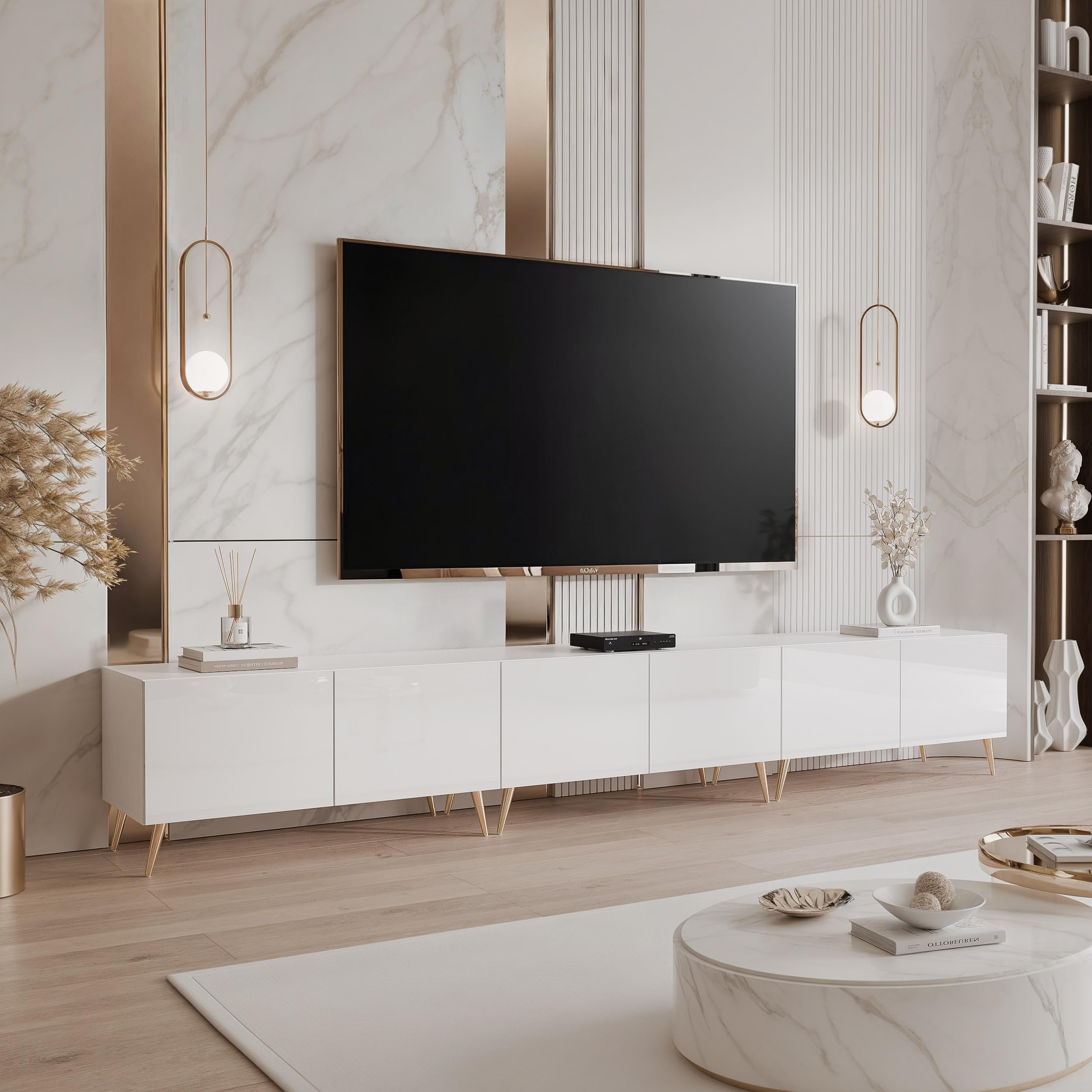 100/200/300 cm TV Lowboard Weiß Hochglanz 300cm mit 6 Praktischen Großen Fächern und LED Beleuchtung - TV Lowboard Stehend Passend Für Stilvolle Wohnräume