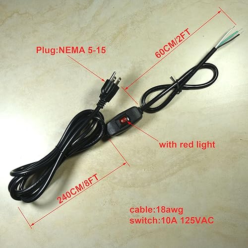 Miniatura 2 de Cable de fuente de alimentación de repuesto resistente de calibre 18 de 6 pies con interruptor en línea de luz indicadora roja, enchufe NEMA 5-15 US