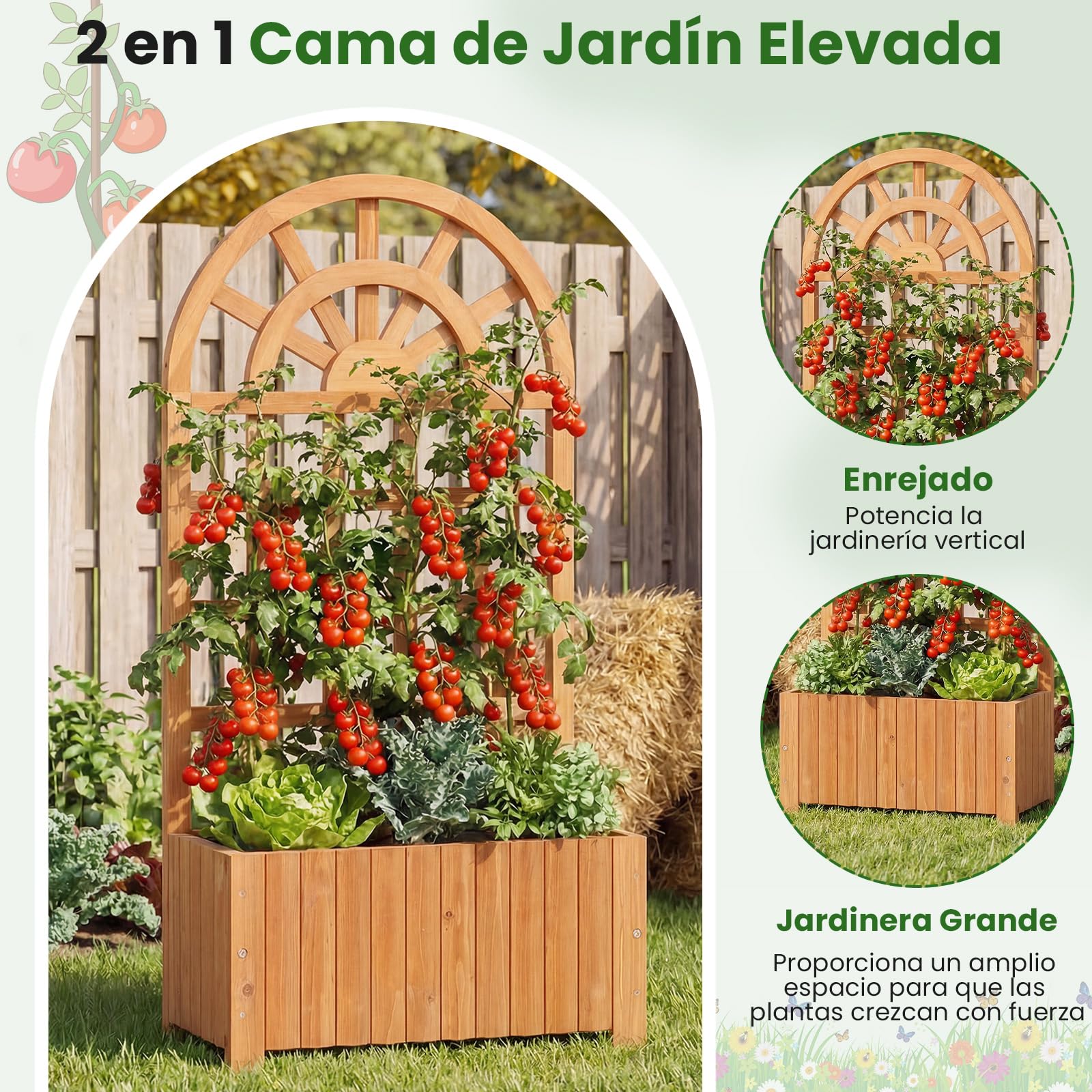 COSTWAY Jardinera con Enrejado de Madera, Jardinera con Celosía y Agujeros de Drenaje, Macetero Elevado para Plantas Trepadoras, Flores, Verduras, Patio, Jardín, Terreza (Marrón,61x30x121 cm)