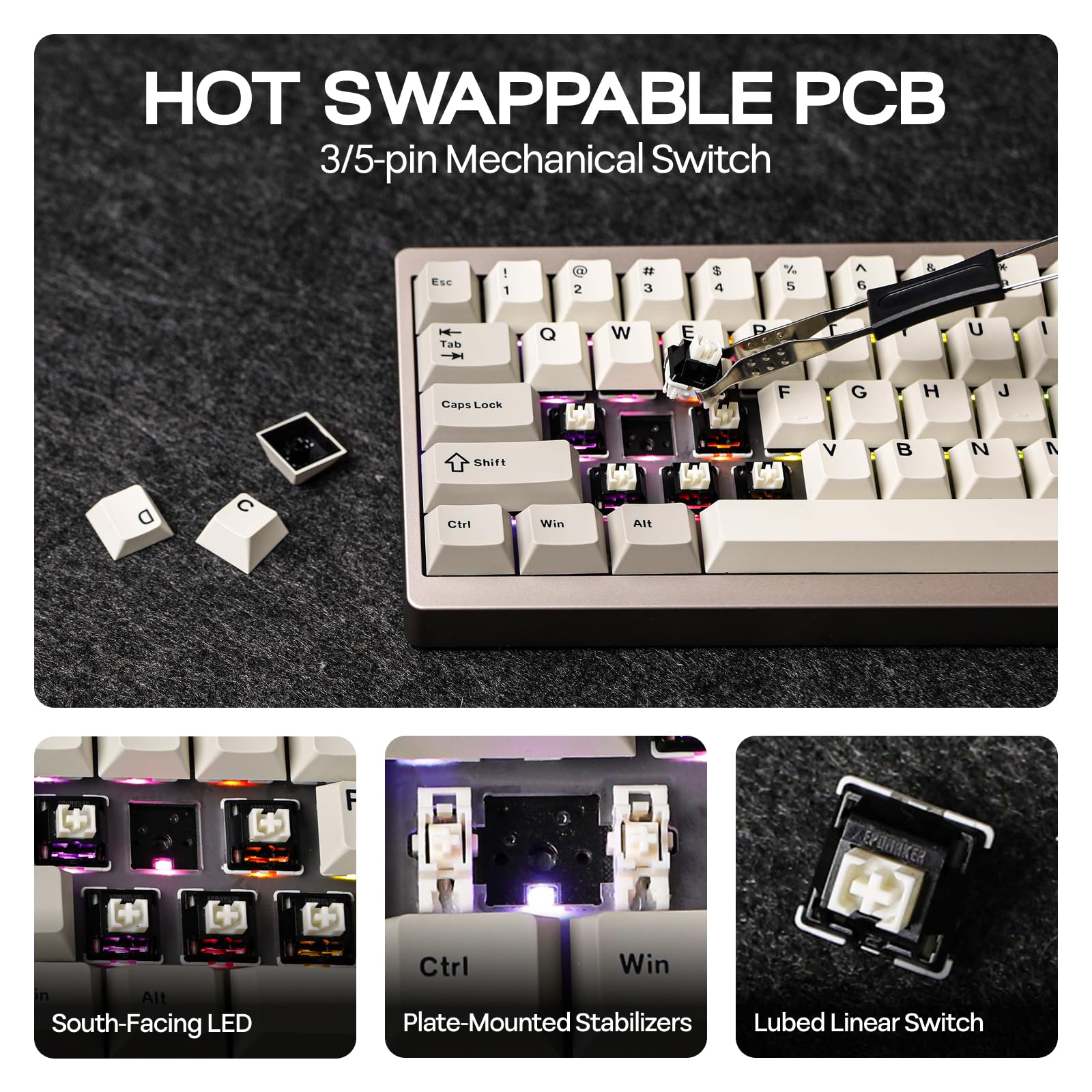 EPOMAKER P65 QMK/VIA Wireless Aluminum Gaming Keyboard, Gasket-Mount, Bluetooth/2,4 GHz/USB (A na C), Hot Swappable, N-Key, Rollover do Mac/PC/PS/Xbox (retro biały, przełącznik Zebra)