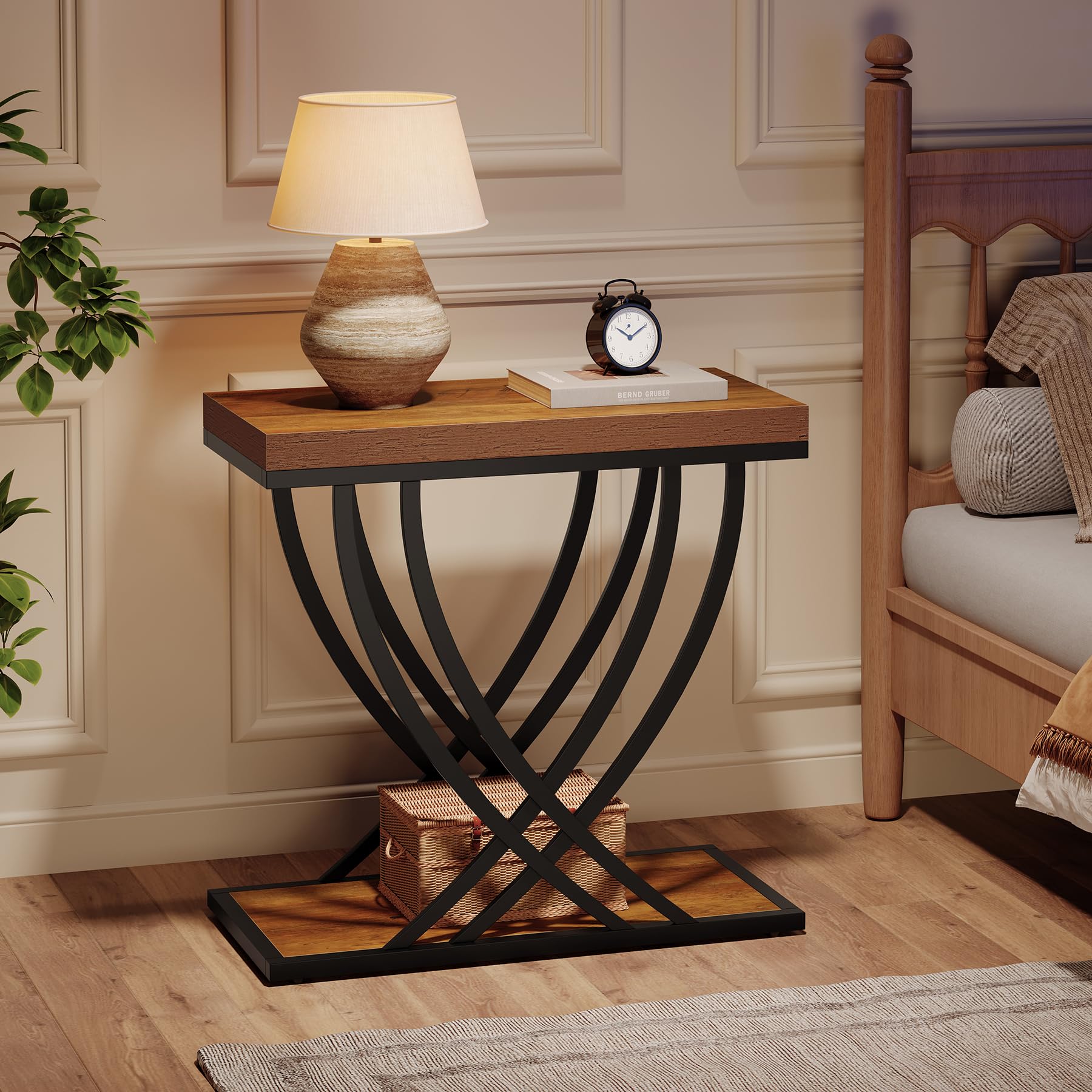 Tribesigns 2-Tier Narrow Side Table, Industrial Nightstand, Bedside Tables | Metal Frame, For Living Room, Bedroom, Sofa Couch, Small Spaces, Rustic Brown