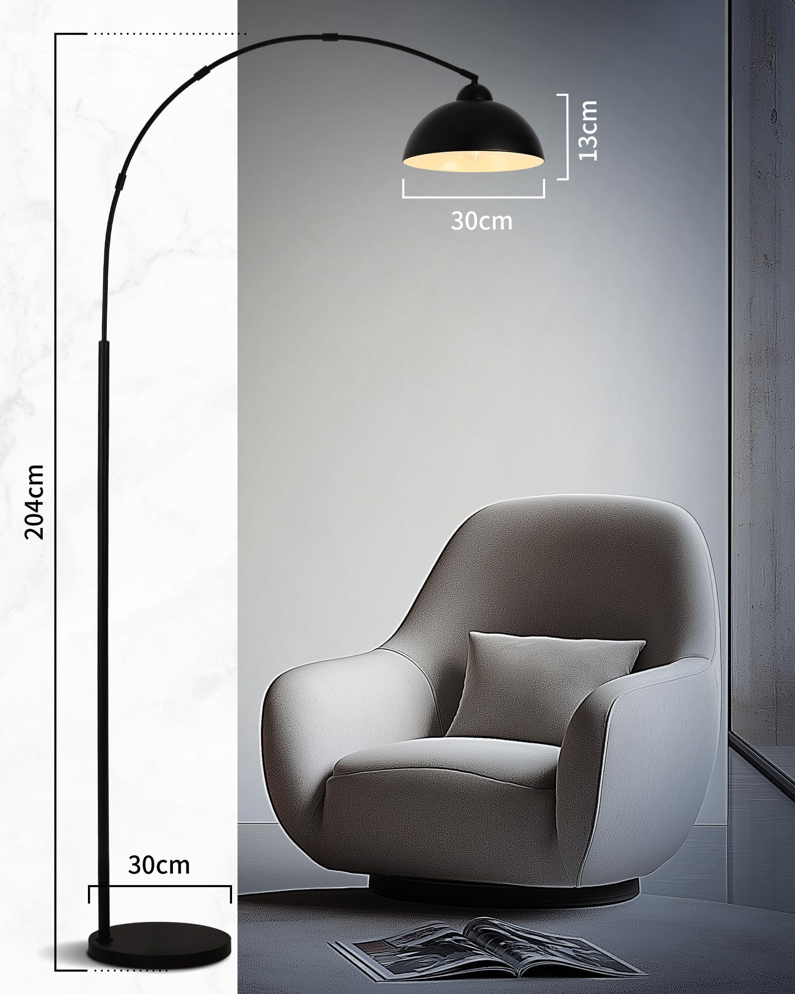 Lámpara de Pie Arco 204 cm Negra para Salón, Lámpara de Pie Moderna con Base Metálica 30 cm 5 kg Estable, Pantalla de Aluminio Ajustable, Montaje Rápido en 5 Minutos, Casquillo E27 (Sin Bombilla)