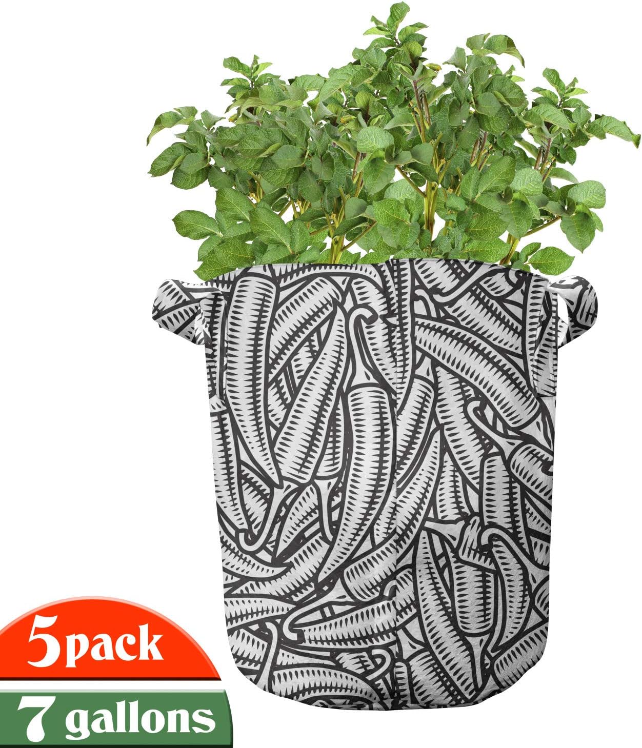 Ambesonne Food Grow Bags 5-Pack, Abstract Modern Chili Peppers, Heavyduty Fabric Pots with Handles for Plants, 7 Gallon, Charcoal Grey and White