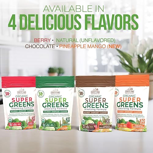 Miniatura 7 de COUNTRY FARMS Super Greens Sabor piña y mango, 50 súper alimentos orgánicos, mezcla de bebida orgánica USDA (pasto de trigo, espirulina, clorella),