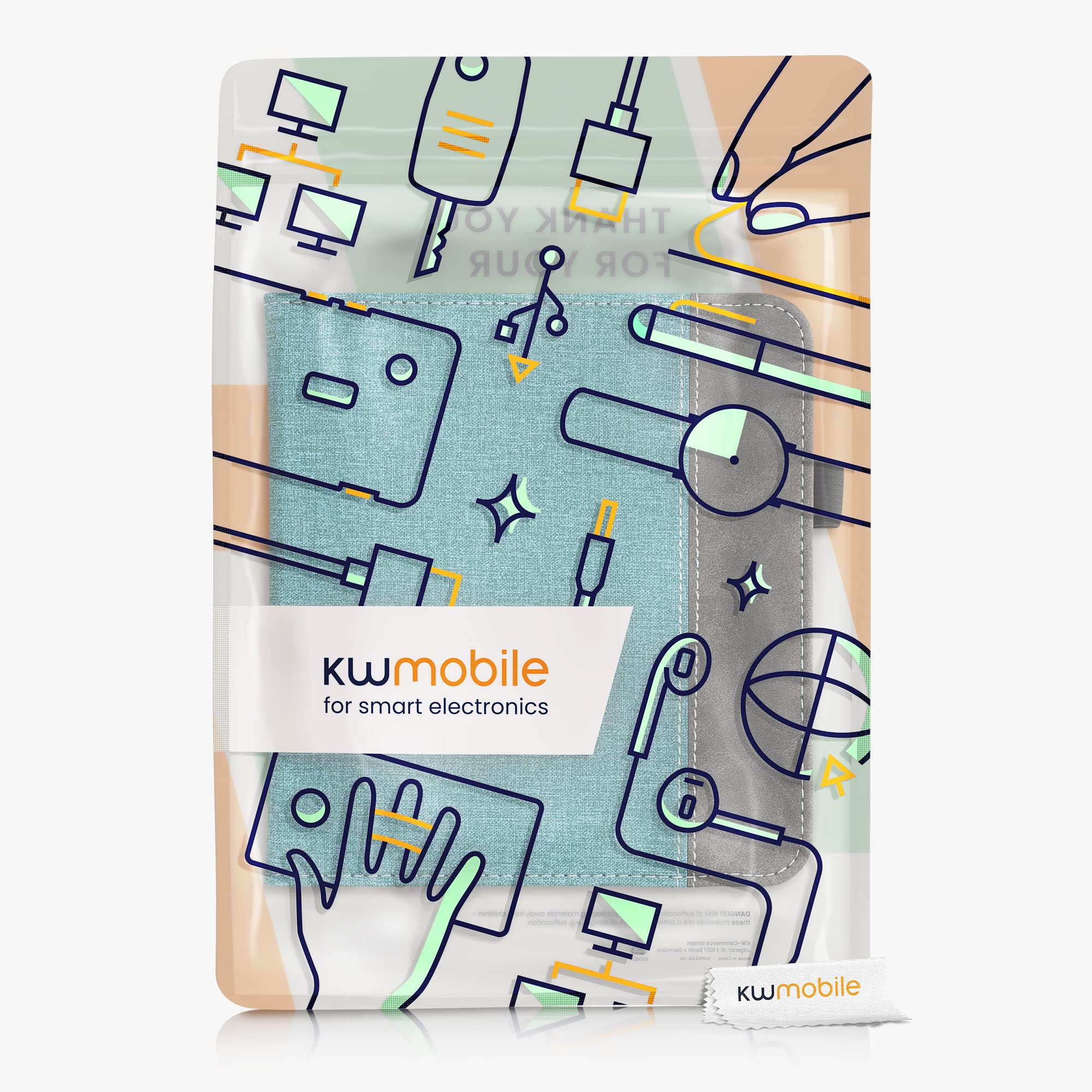 kwmobile Tolino Vision 6 etui z klapką i paskiem na rękę – pokrowiec ze sztucznej skóry o wyglądzie zamszu, kolor petrol, ciemnoszary