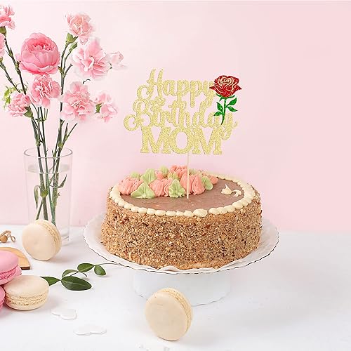 Miniatura 7 de Gyufise 1 pieza de decoración de pastel de feliz cumpleaños con rosa con purpurina para el día de la madre, para mujeres, fiesta de cumpleaños,