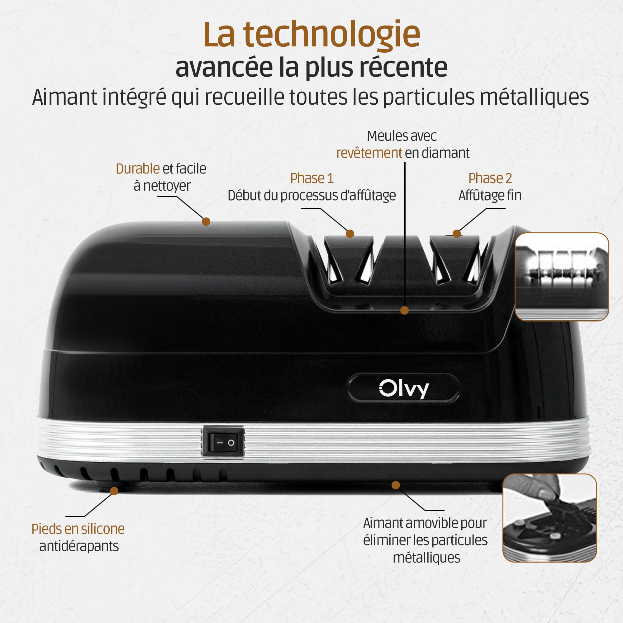 Olvy Aiguiseur Electrique de Couteau, Affûteur à Deux Niveaux, Eguiseur de Couteau Professionnel, Affûteur à meule diamant, Antidérapant rapide et silencieux, Noir