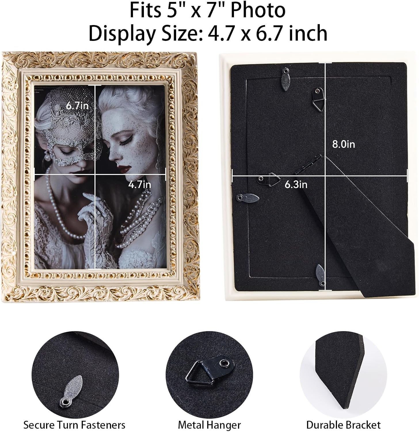 Ornate 5x7 Picture Frame for Best Gift, Sculptured Design Vintage Resin Photo Frame, Retro Hand-Crafted Hanging Frames with Easel, Hook & Mat for Table Top & Wall Gallery (White Gold)