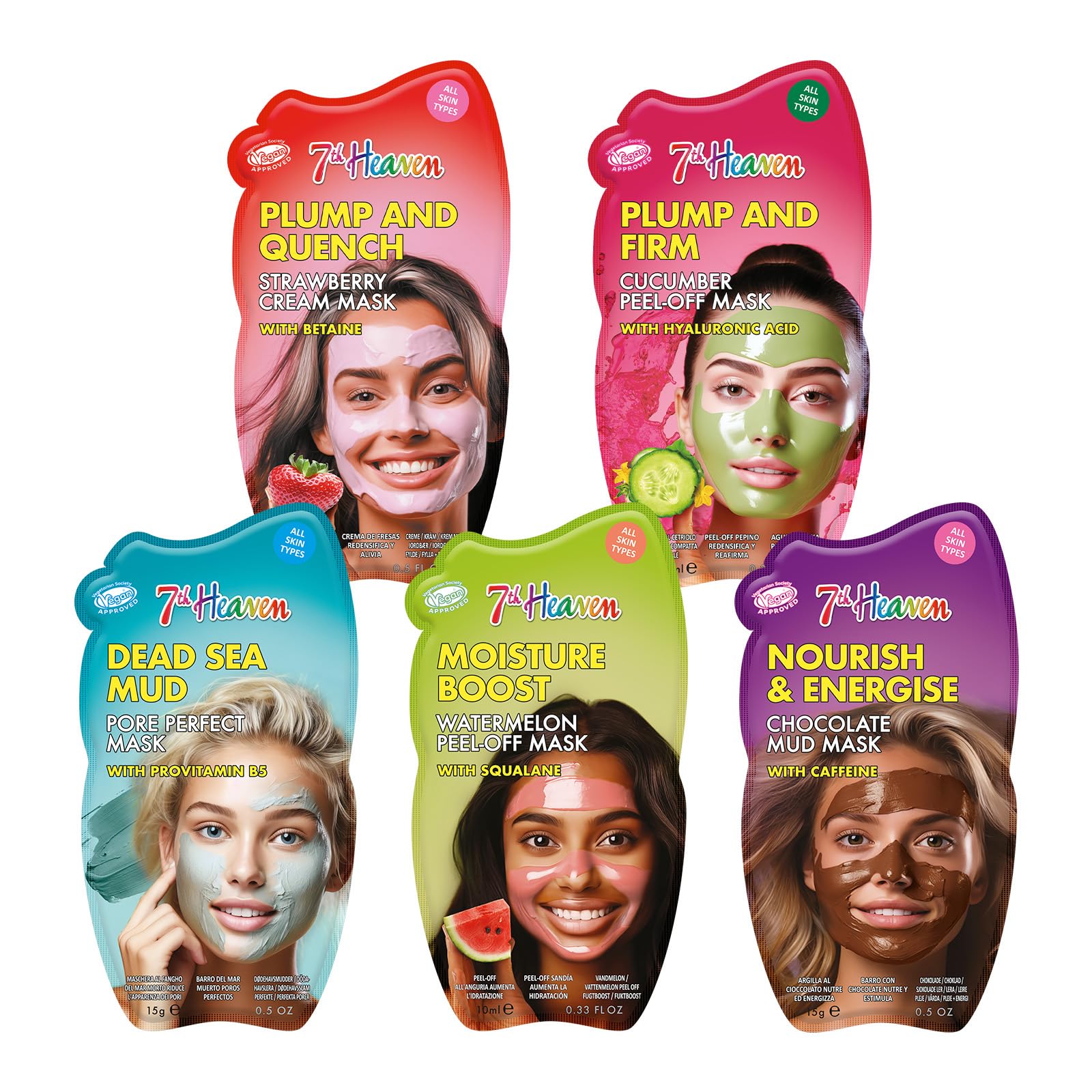 7th Heaven Moisturising Face Mask Pack with Dead Sea & Clay, Pink Guava, Strawberry Cream, Coconut & Clay and Pink Rose Clay Face Mask, 10 ml (Pack of 5)