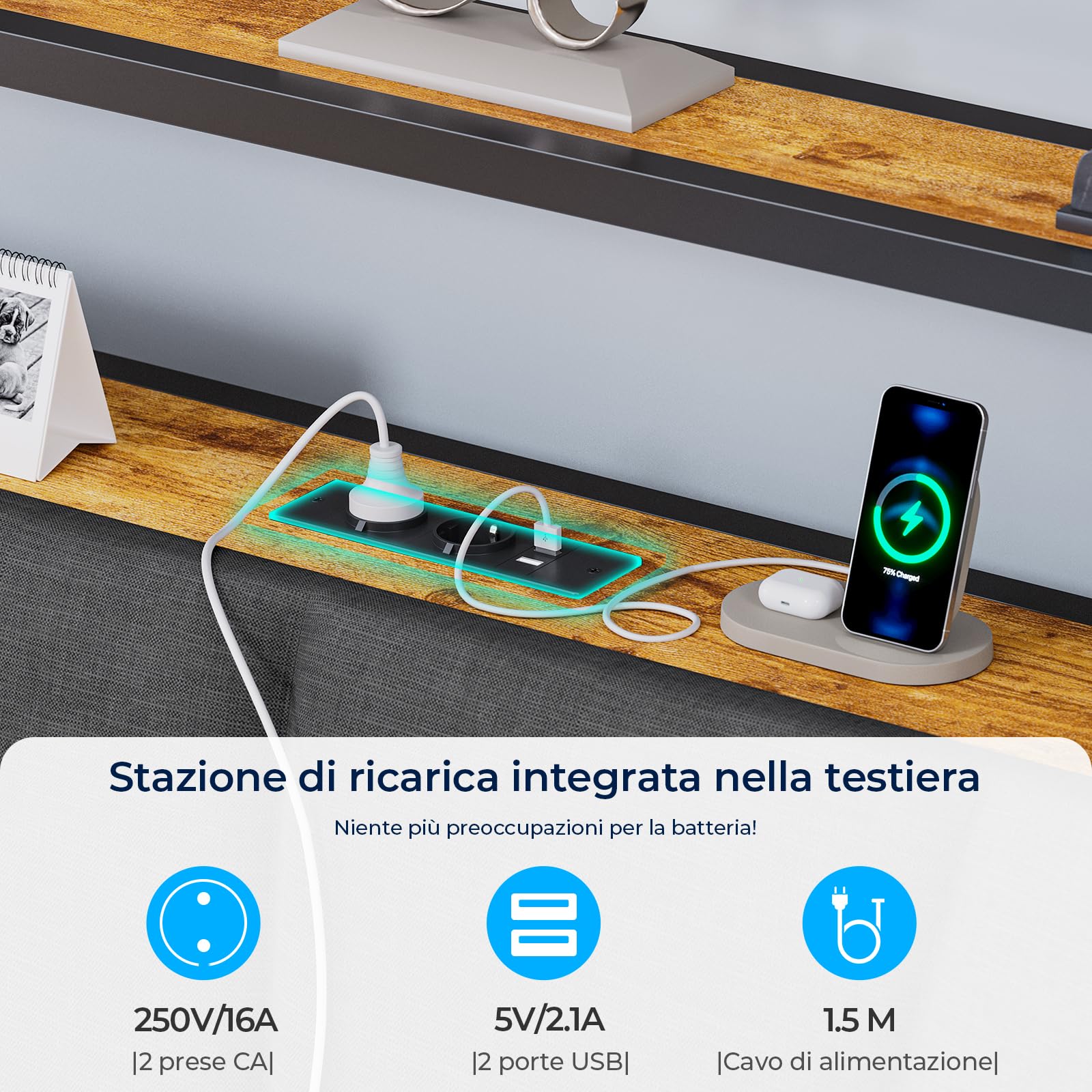 Brinlawb Struttura Letto 140x200 cm con Testiera Imbottita, Letto 140x200 cm con Luce LED e Stazione di Ricarica (2 Prese CA, 2 Prese USB) Letto Matrimoniale con 2 Grandi Cassetti al Fondo, Grigio