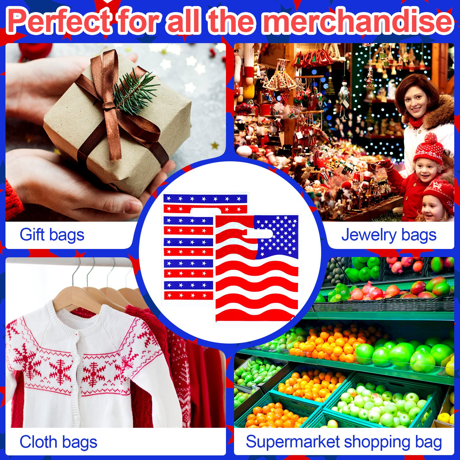 Qeeenar 100 Pcs Patriotic Gift Bags Red White and Blue Goodie Bags Bulk 4th of July Party Favor Bag with Handle Memorial Day USA Flag Merchandise Bag for 250th Anniversary Independence Day, 2 Designs