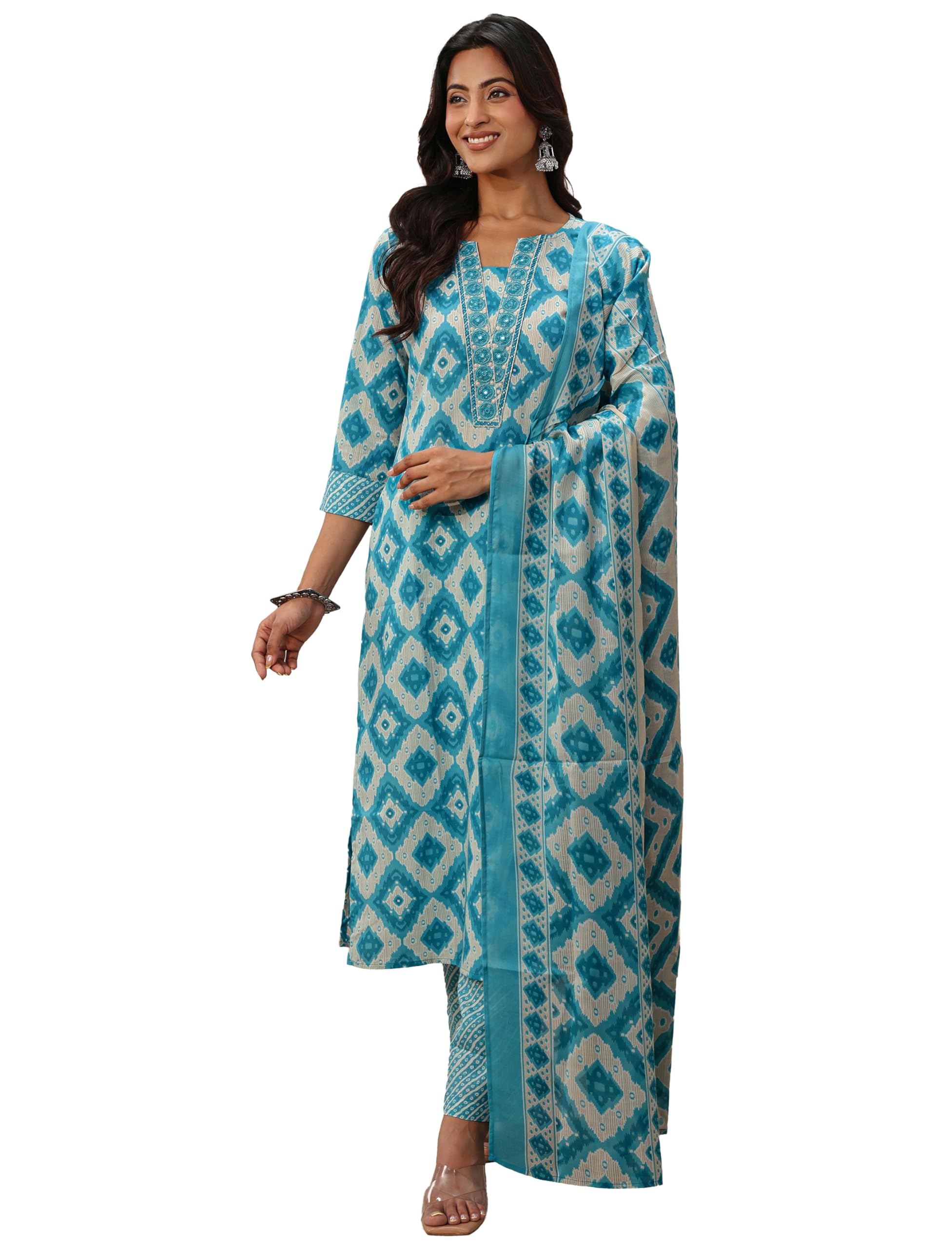 Printed Cotton Blend Straight Kurta With Trouser and Dupatta | daily wear suit-picture-45