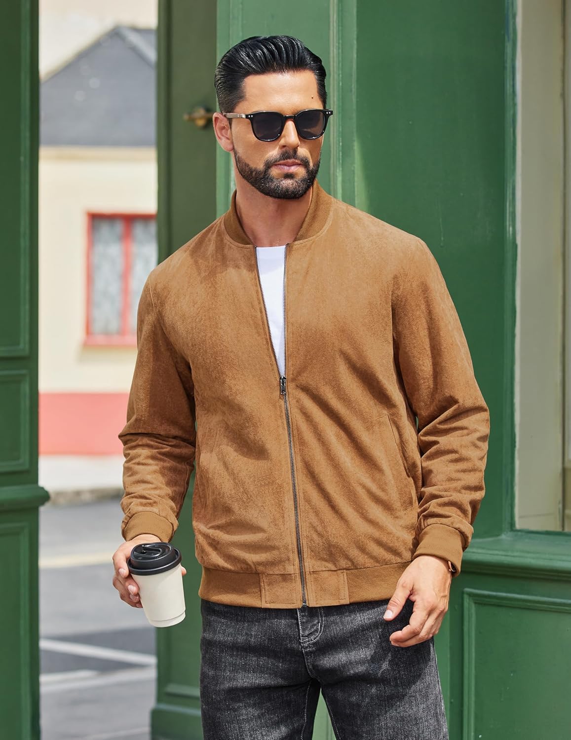 COOFANDY Men's Lightweight Suede Bomber Jackets Casual Varsity Jacket Vintage Faux Leather Jackets - Image 3