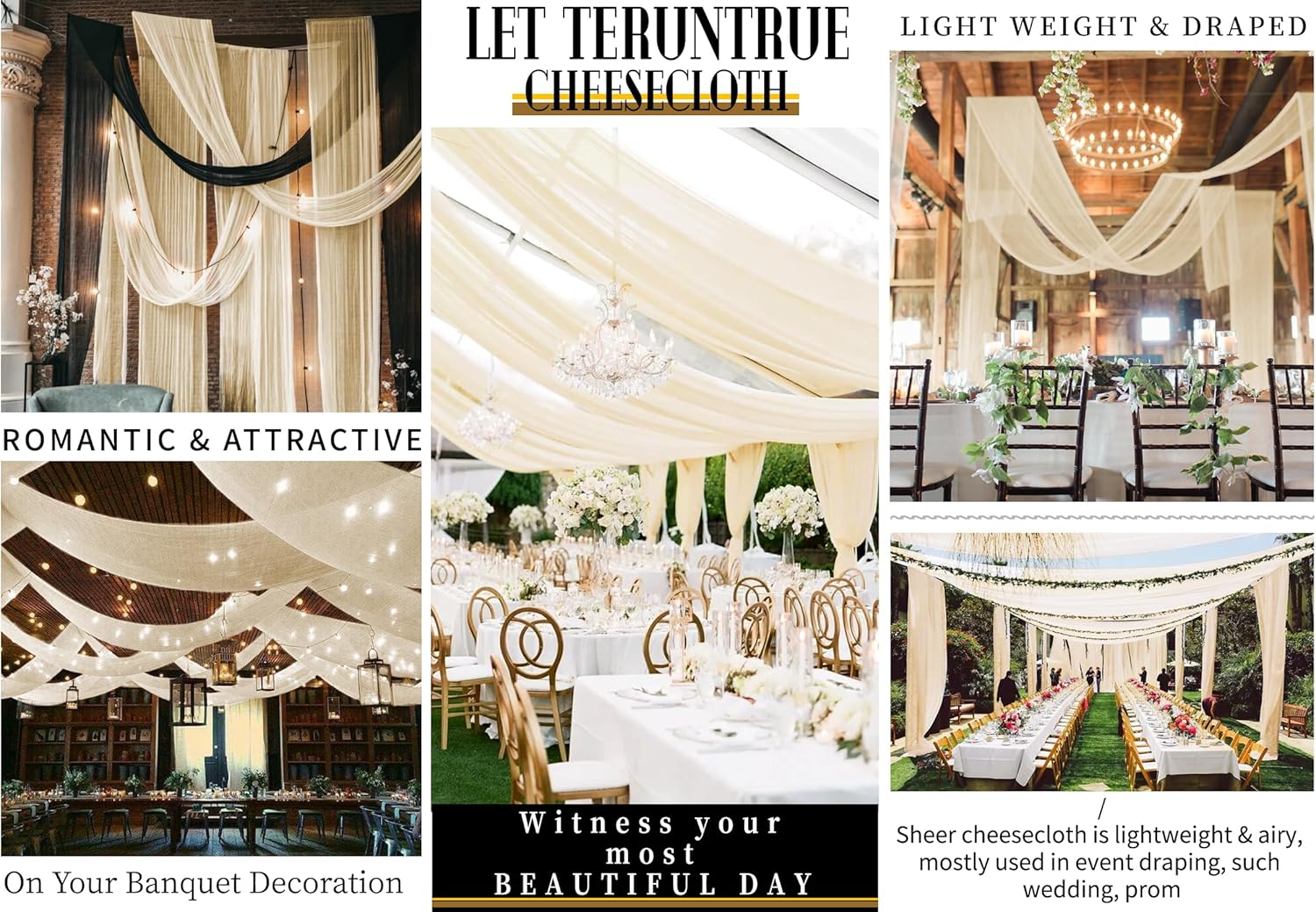 6 Panel Ivory Ceiling Drapes for Wedding Cheesecloth Ceiling Drapes Wedding Arch Draping Fabric Sheer Curtains Voile Drapery Draping Decorations for Party Ceremony Stage Tent (5ftx30ft)