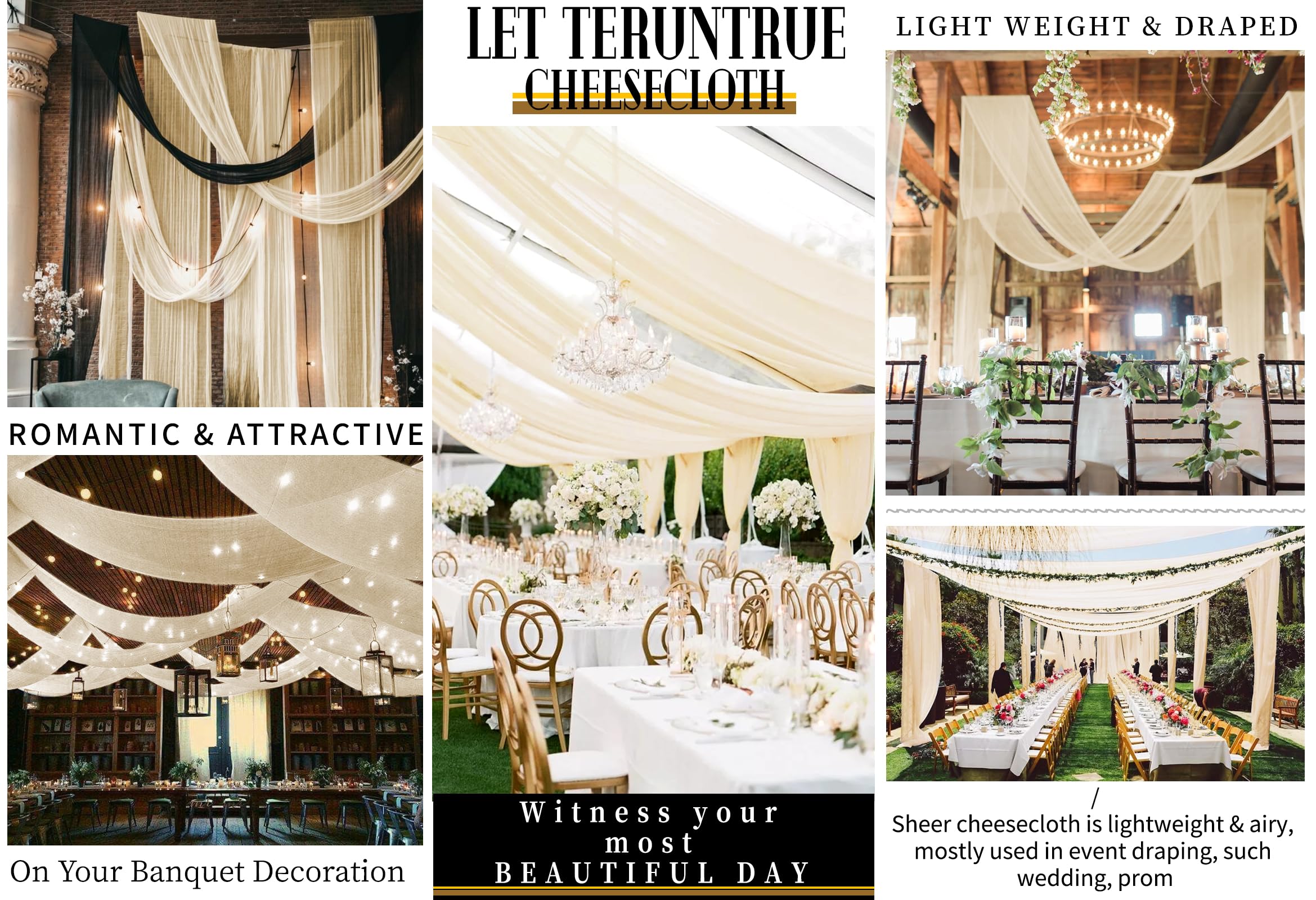 6 pannelli avorio tende da soffitto per matrimoni, garza tessuto velato per drappeggi, tende da soffitto per matrimoni, lampadari, decorazioni da appendere, ad arco di palcoscenico, drappeggio, eventi