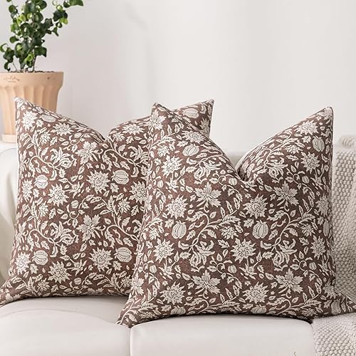 DWR Floral Throw Pillow Covers 24x24 Set of 2, Block Print Decorative Pillow Cov