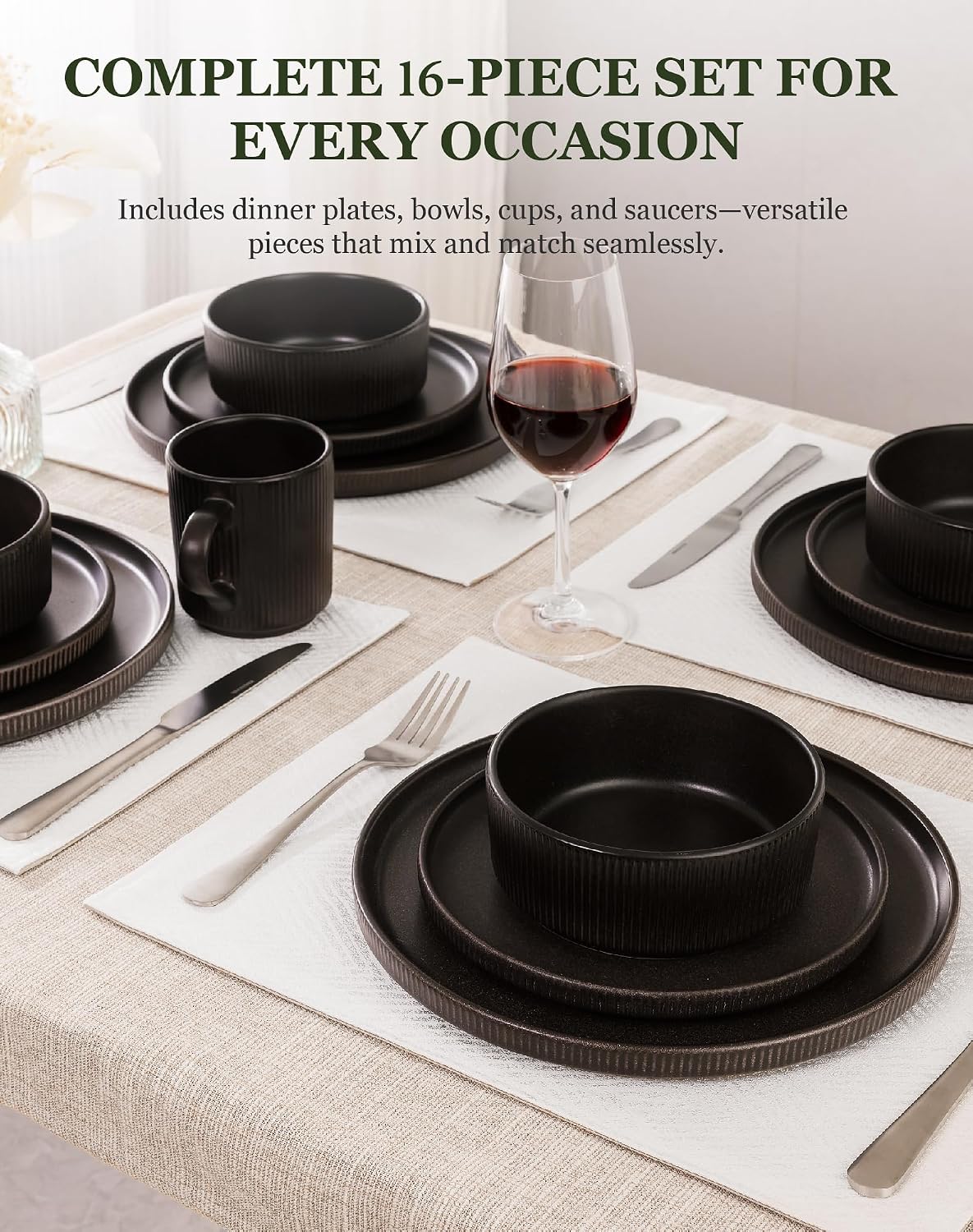 OTAGO 16-Piece Dinnerware Set for 4 with Mugs, Ribbed Stoneware Plates and Bowls Sets, Unique Handcrafted Reactive Glaze, Chip and Scratch Resistant Dish Set, Microwave & Dishwasher Safe, Black