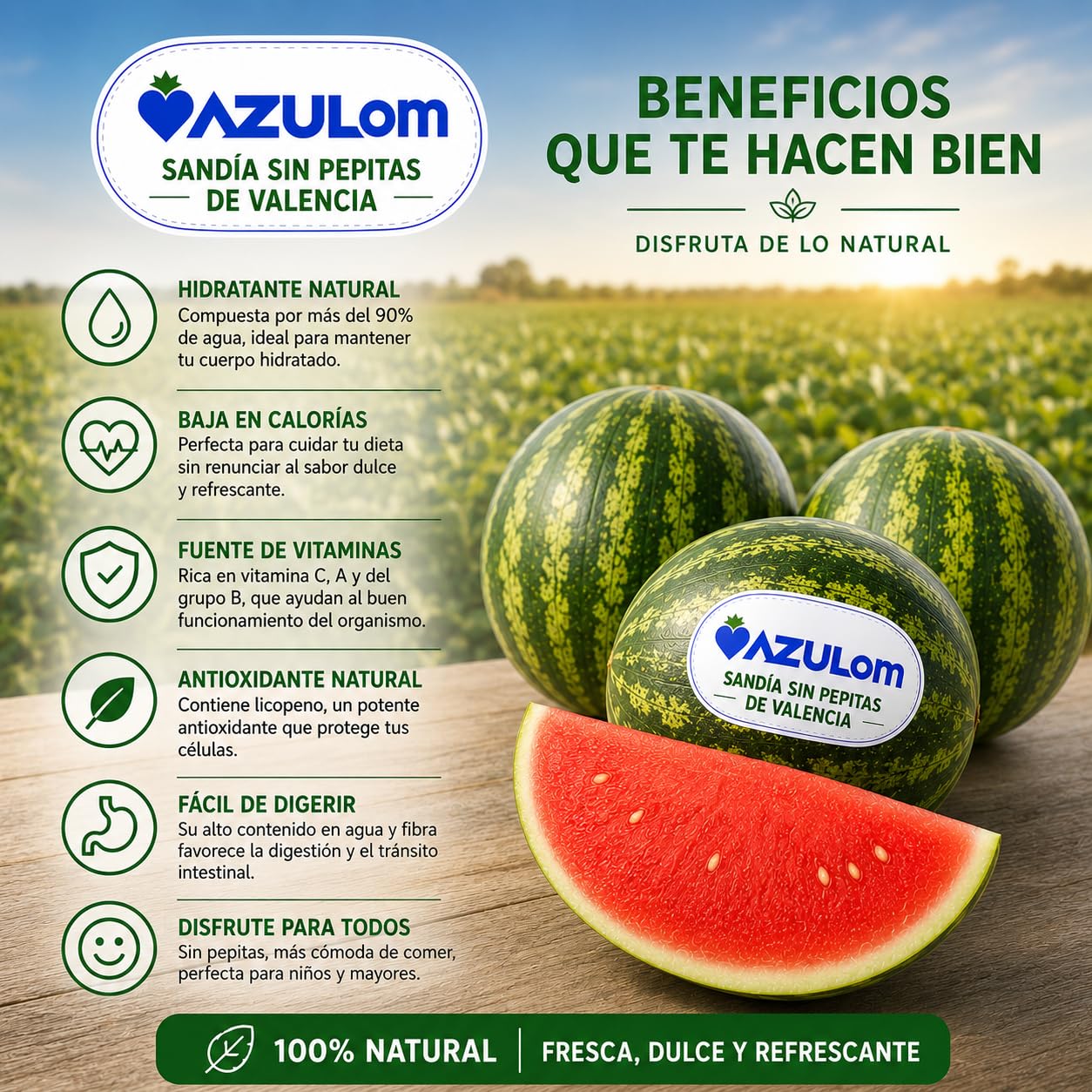 Pack 3 Sandías Rayadas Sin Pepitas AZULOM (15 kg aprox.) - Sandía Dulce de Valencia - Fresca, Jugosa y Lista para Consumir