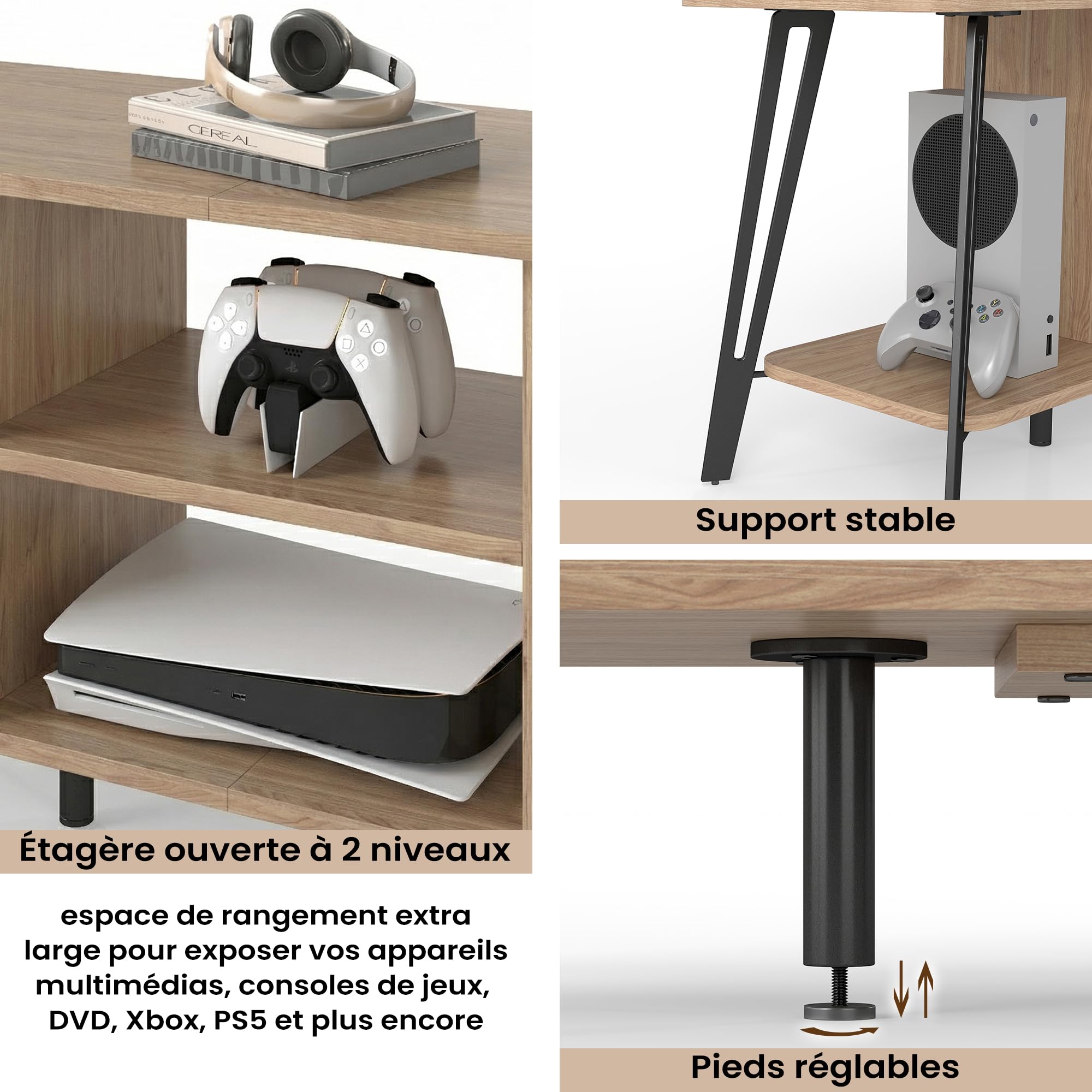 Manora Meuble TV 120 cm de Longueur, Meuble Tele avec 4 Espaces de Rangement Ouverts, Meuble Télé Bois, Structure en Acier Solide，2 Pieds Centraux Réglables，Pas de Coins, Facile à Monter (Chêne)